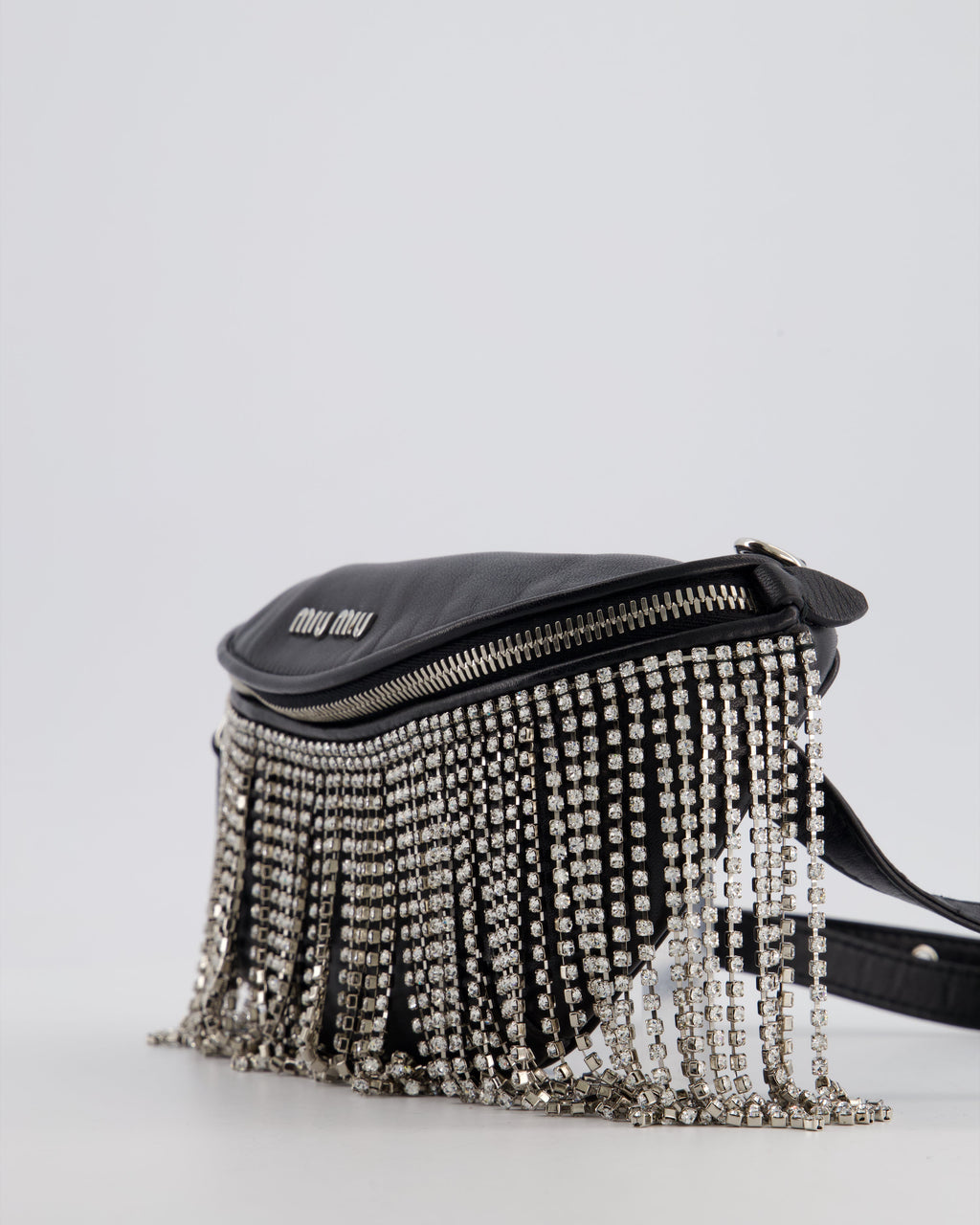 Miu Miu Black Leather Bum Bag with Crystal Tassels and Logo Details