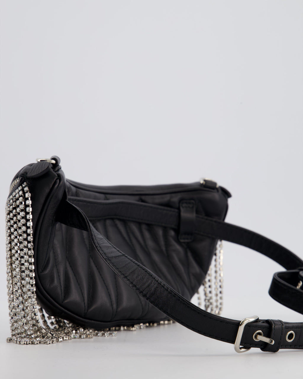 Miu Miu Black Leather Bum Bag with Crystal Tassels and Logo Details