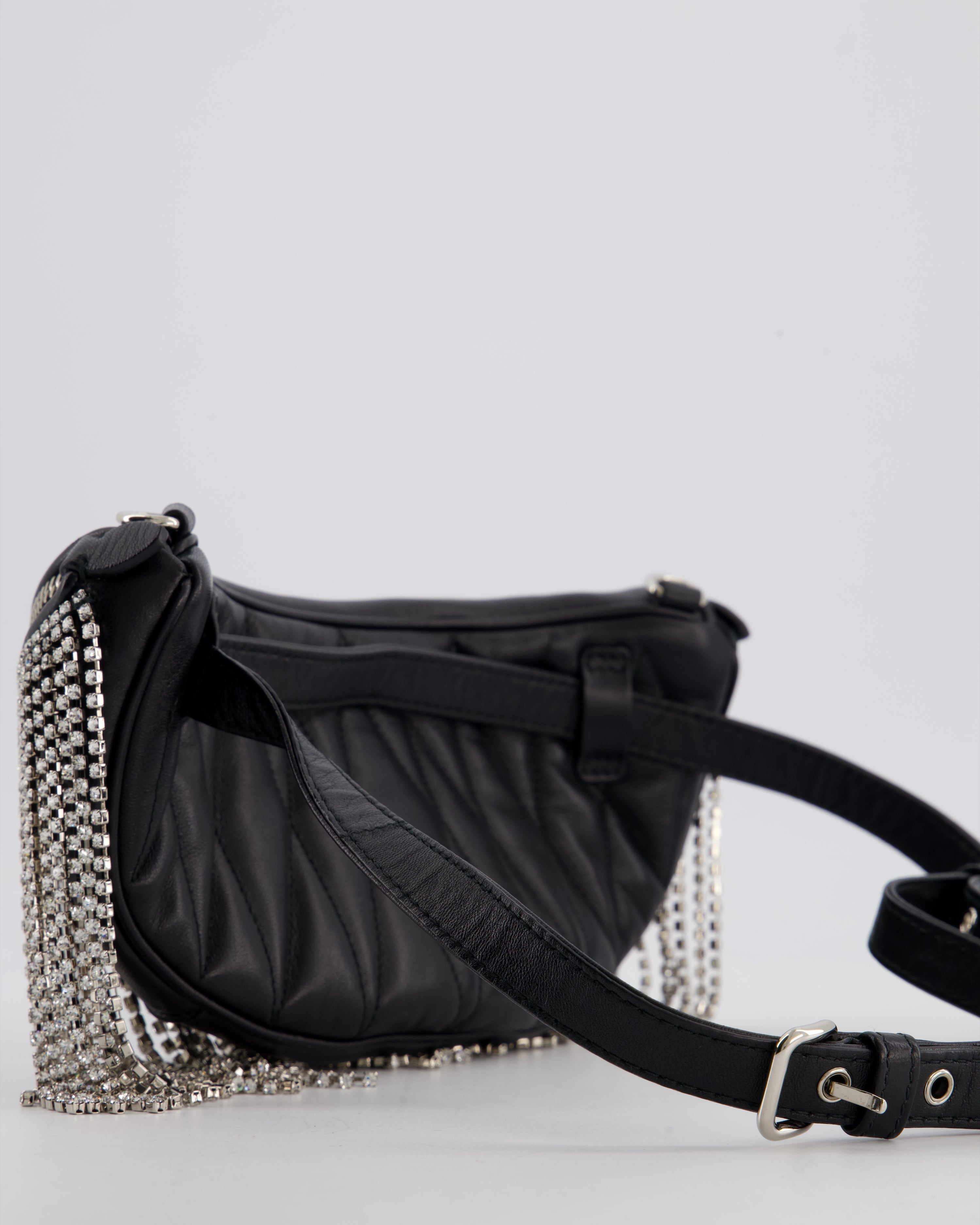 Miu Miu Black Leather Bum Bag with Crystal Tassels and Logo Details