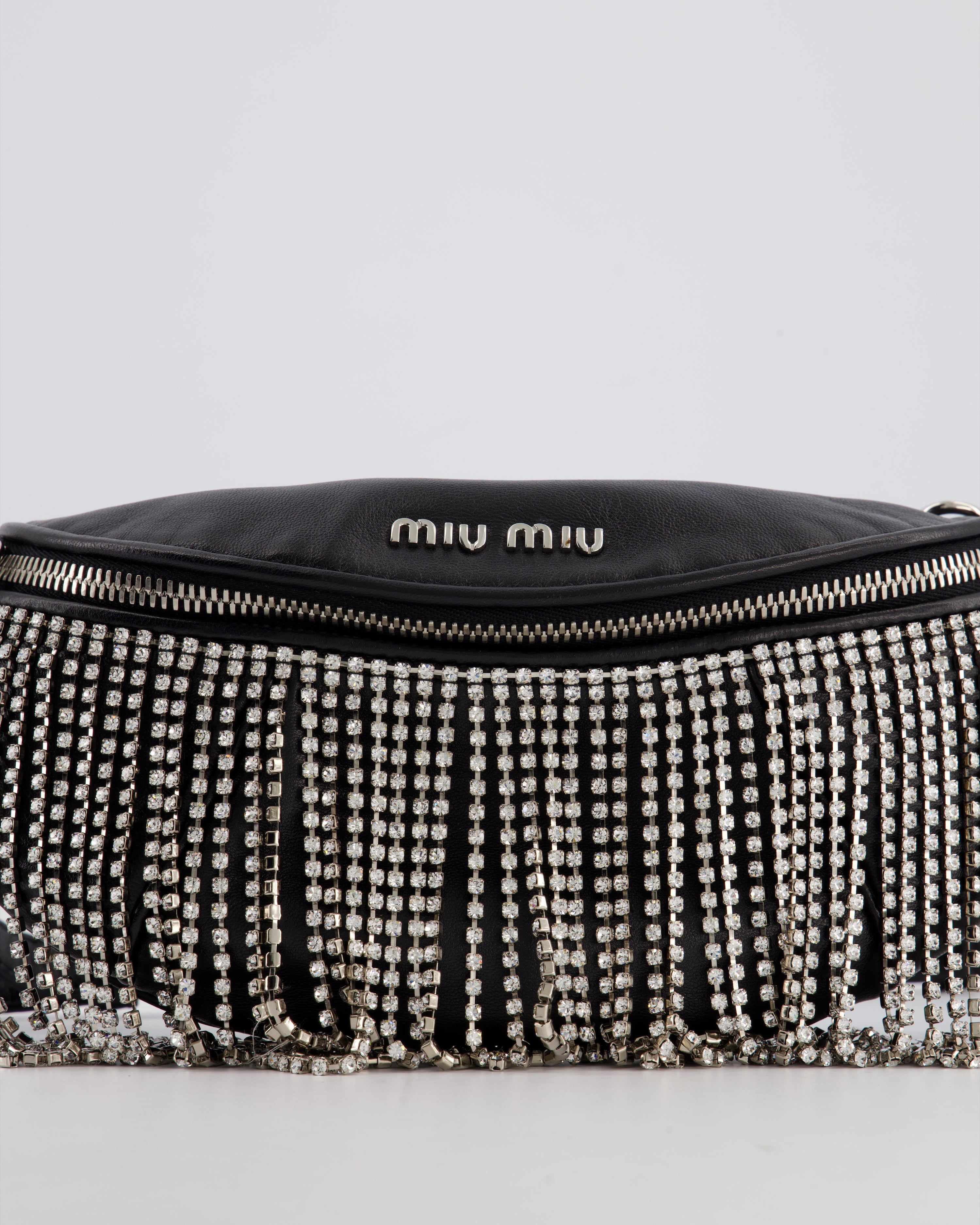 Miu Miu Black Leather Bum Bag with Crystal Tassels and Logo Details