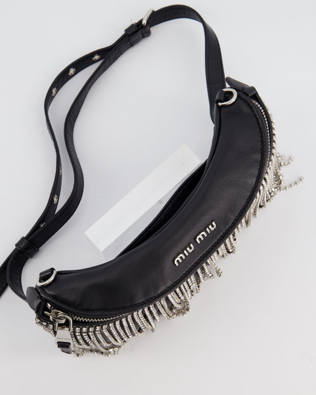 Miu Miu Black Leather Bum Bag with Crystal Tassels and Logo Details