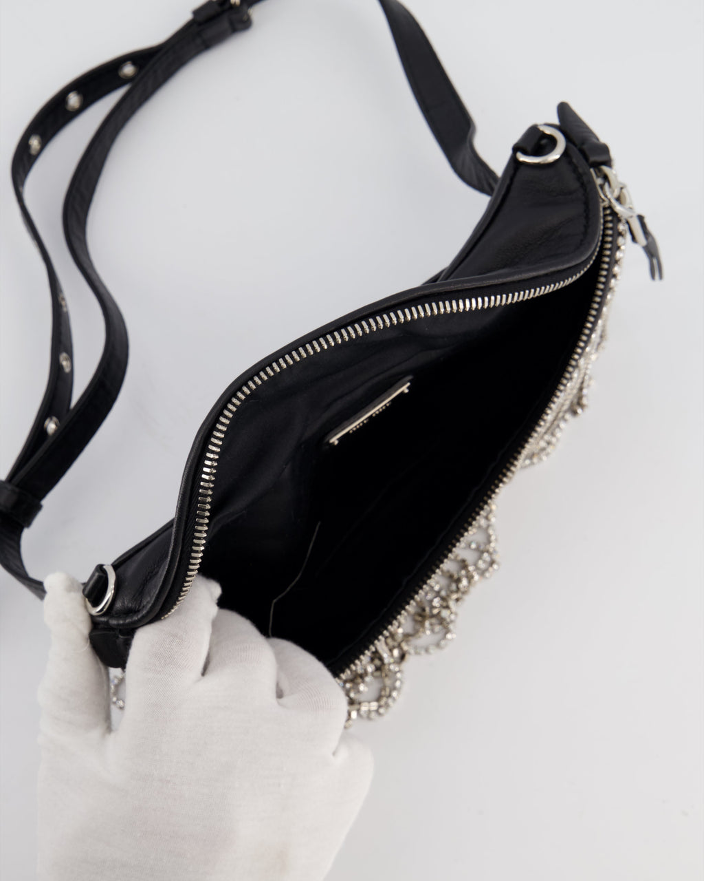Miu Miu Black Leather Bum Bag with Crystal Tassels and Logo Details