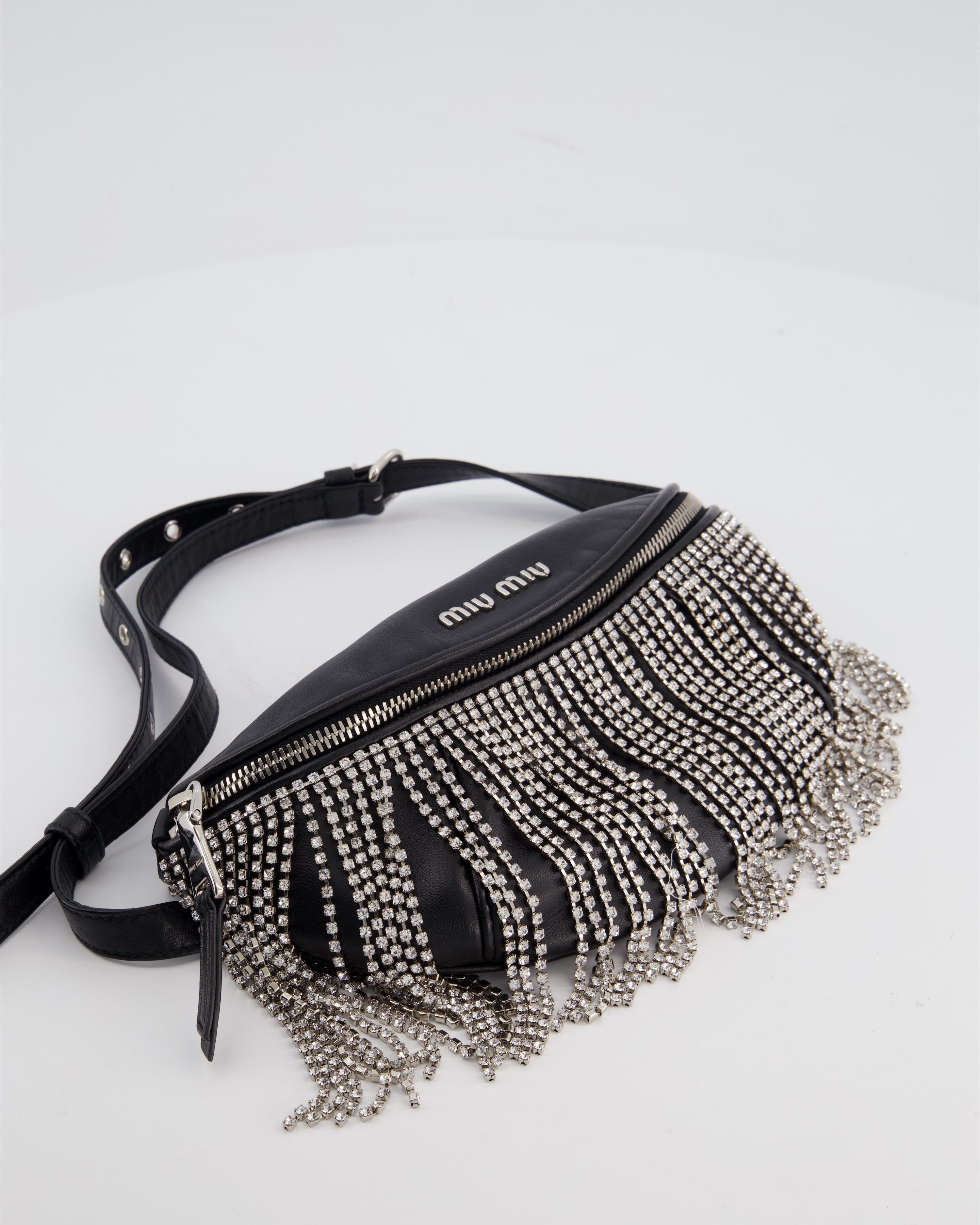 Miu Miu Black Leather Bum Bag with Crystal Tassels and Logo Details