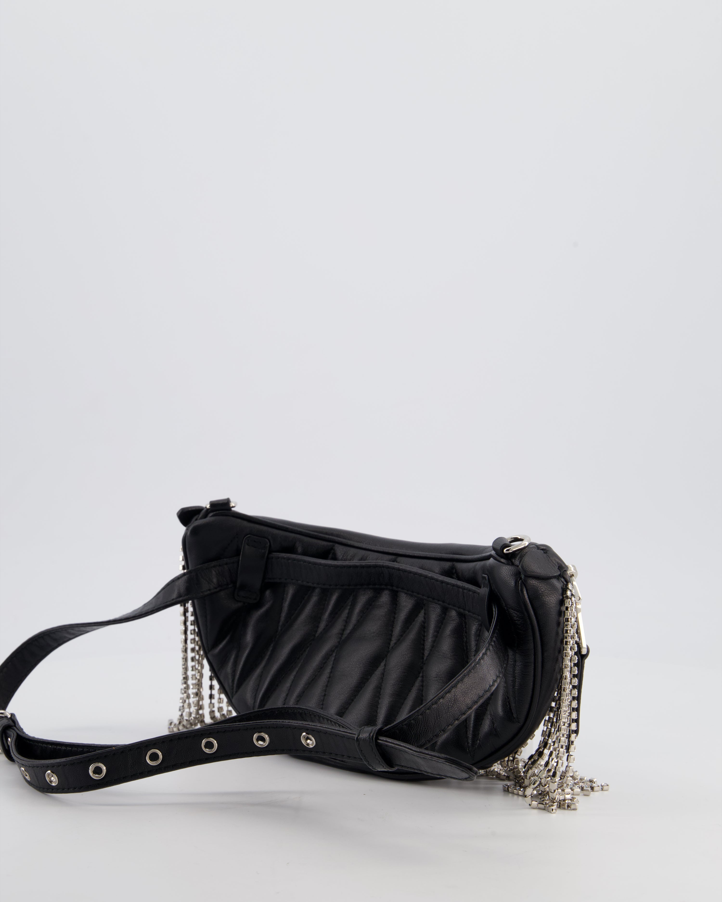 Miu Miu Black Leather Bum Bag with Crystal Tassels and Logo Details