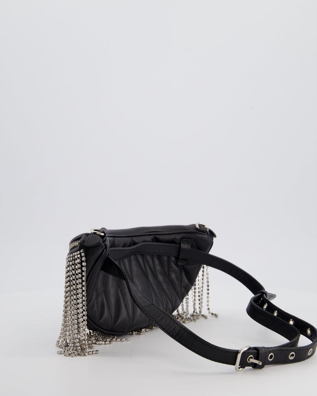 Miu Miu Black Leather Bum Bag with Crystal Tassels and Logo Details