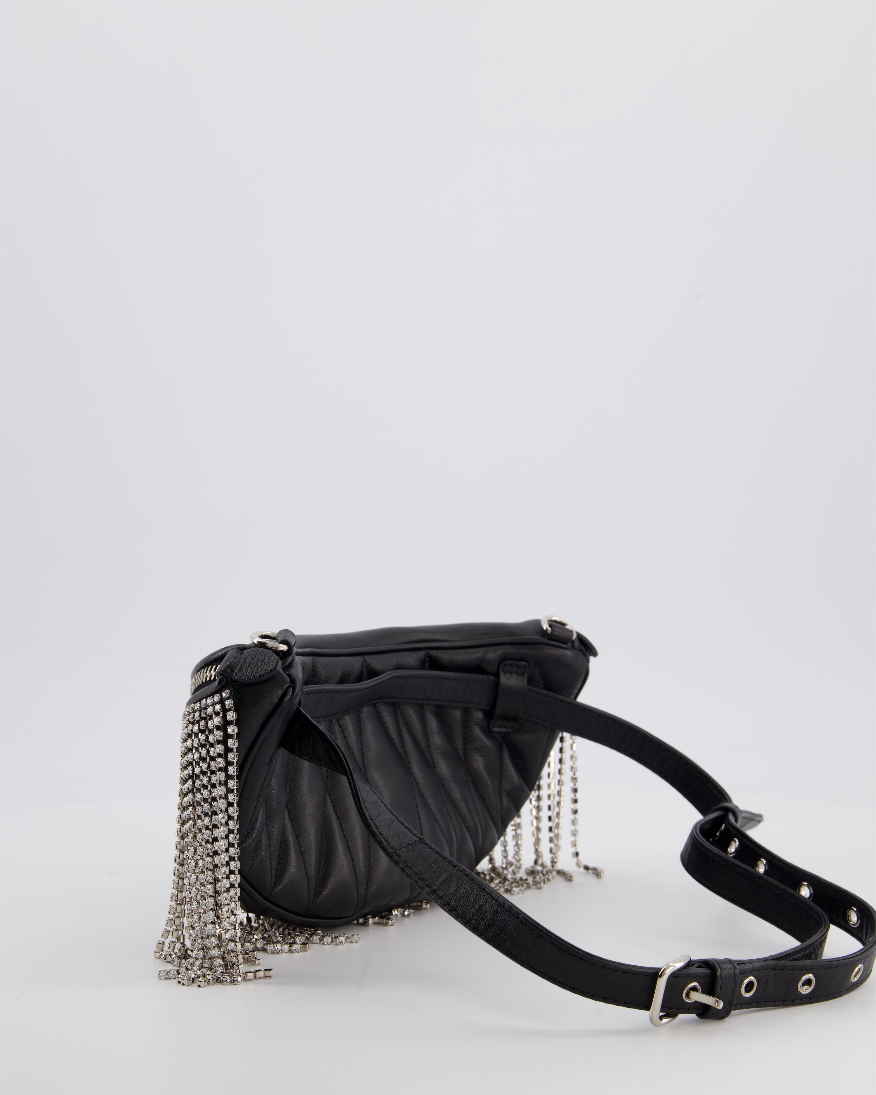 Miu Miu Black Leather Bum Bag with Crystal Tassels and Logo Details
