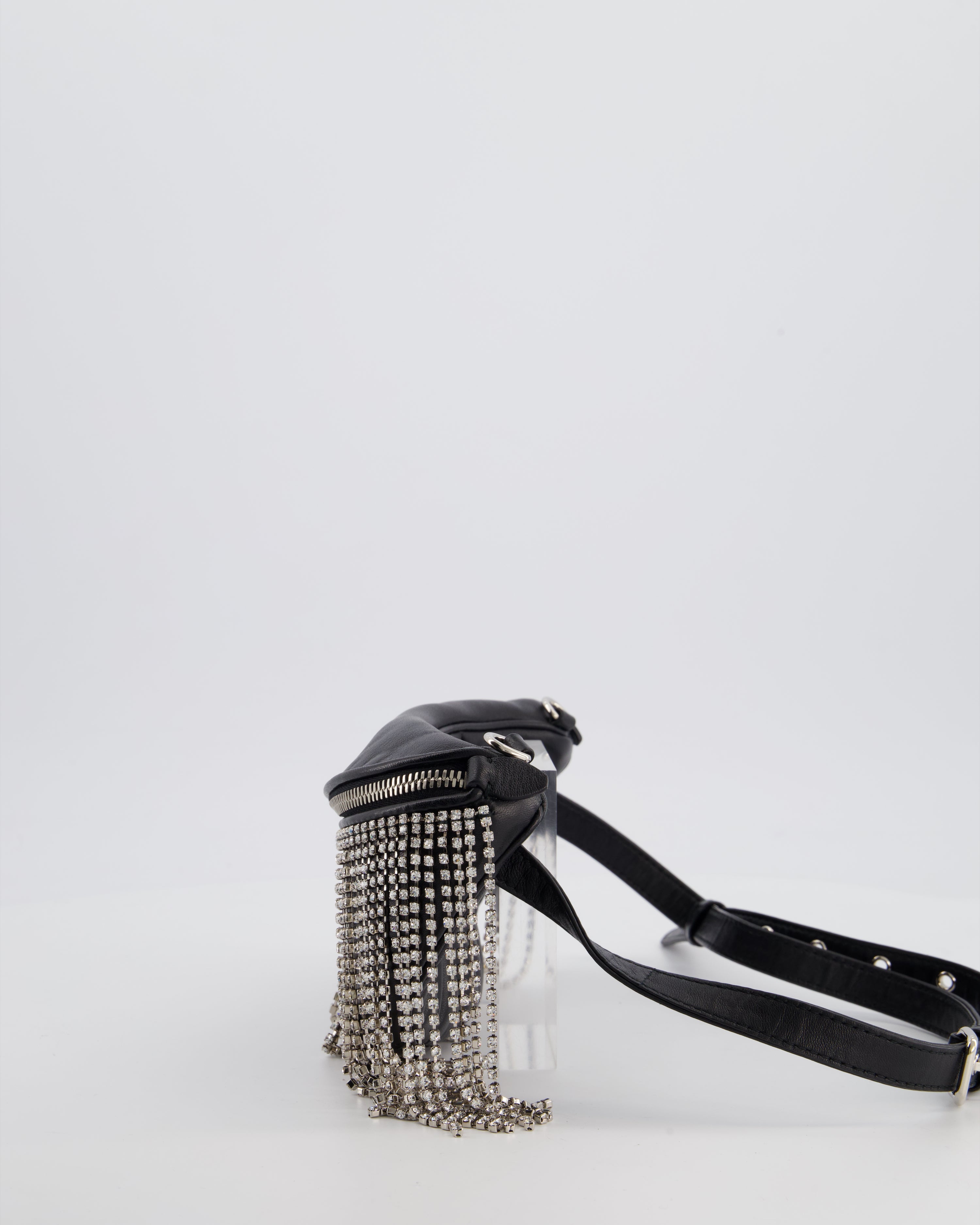 Miu Miu Black Leather Bum Bag with Crystal Tassels and Logo Details