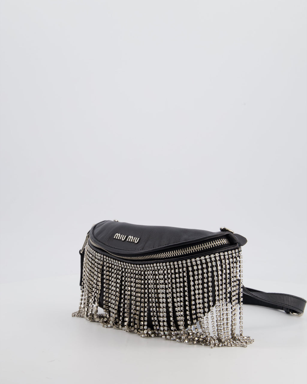 Miu Miu Black Leather Bum Bag with Crystal Tassels and Logo Details