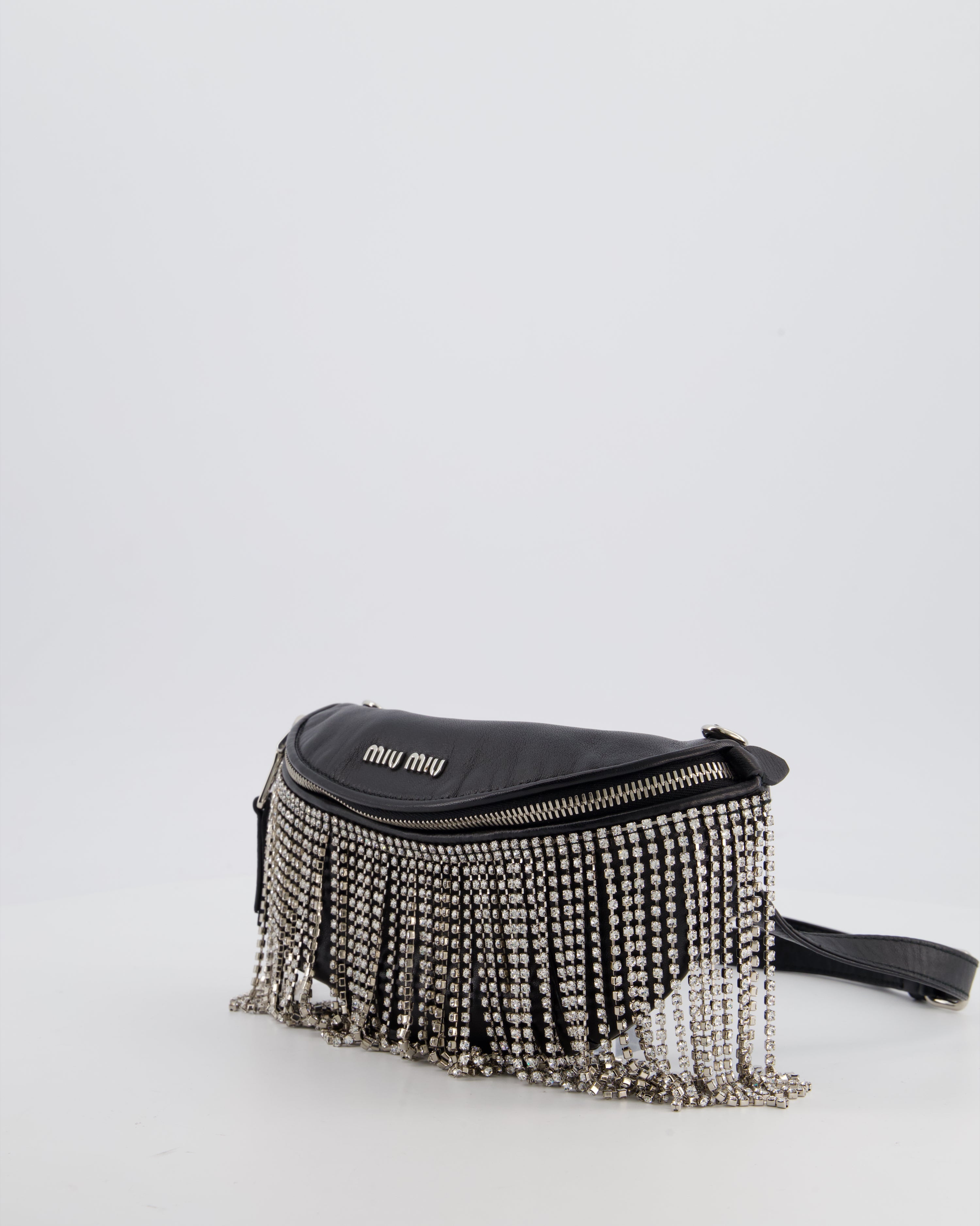 Miu Miu Black Leather Bum Bag with Crystal Tassels and Logo Details