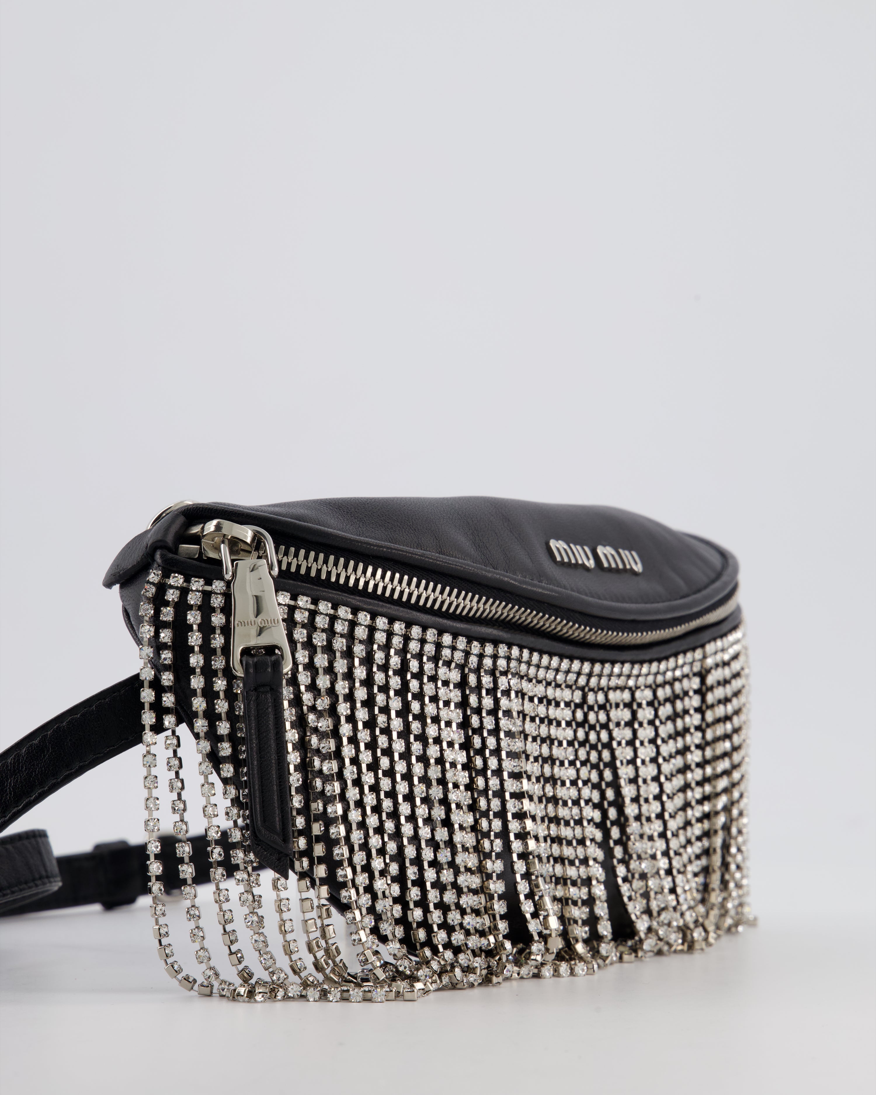 Miu Miu Black Leather Bum Bag with Crystal Tassels and Logo Details