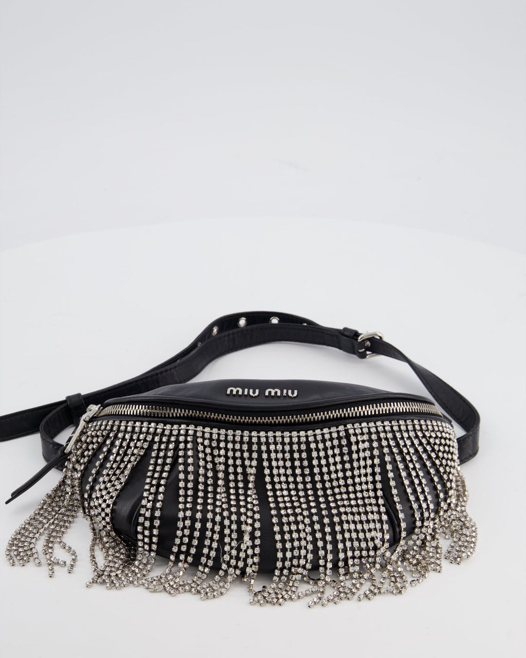 Miu Miu Black Leather Bum Bag with Crystal Tassels and Logo Details