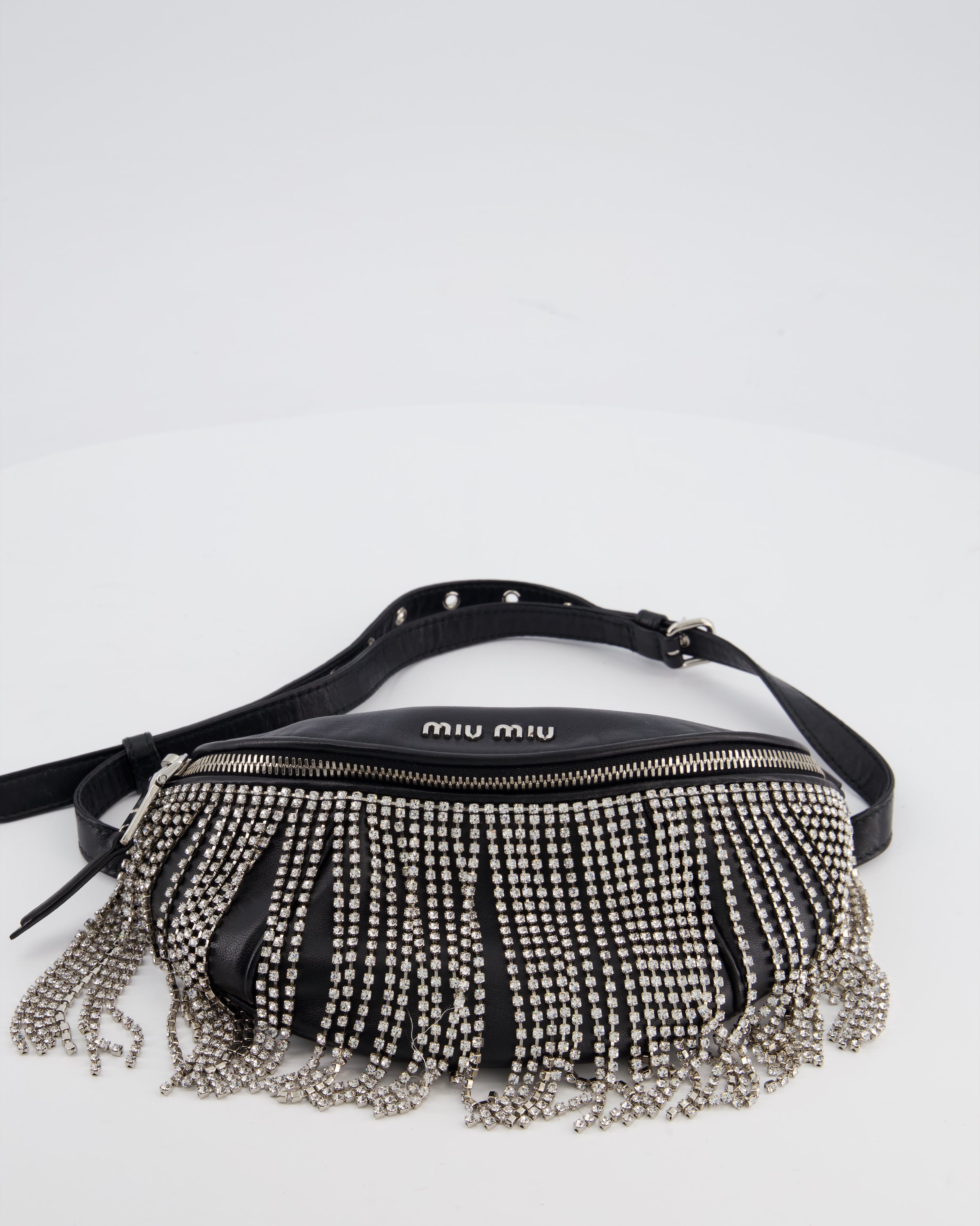 Miu Miu Black Leather Bum Bag with Crystal Tassels and Logo Details