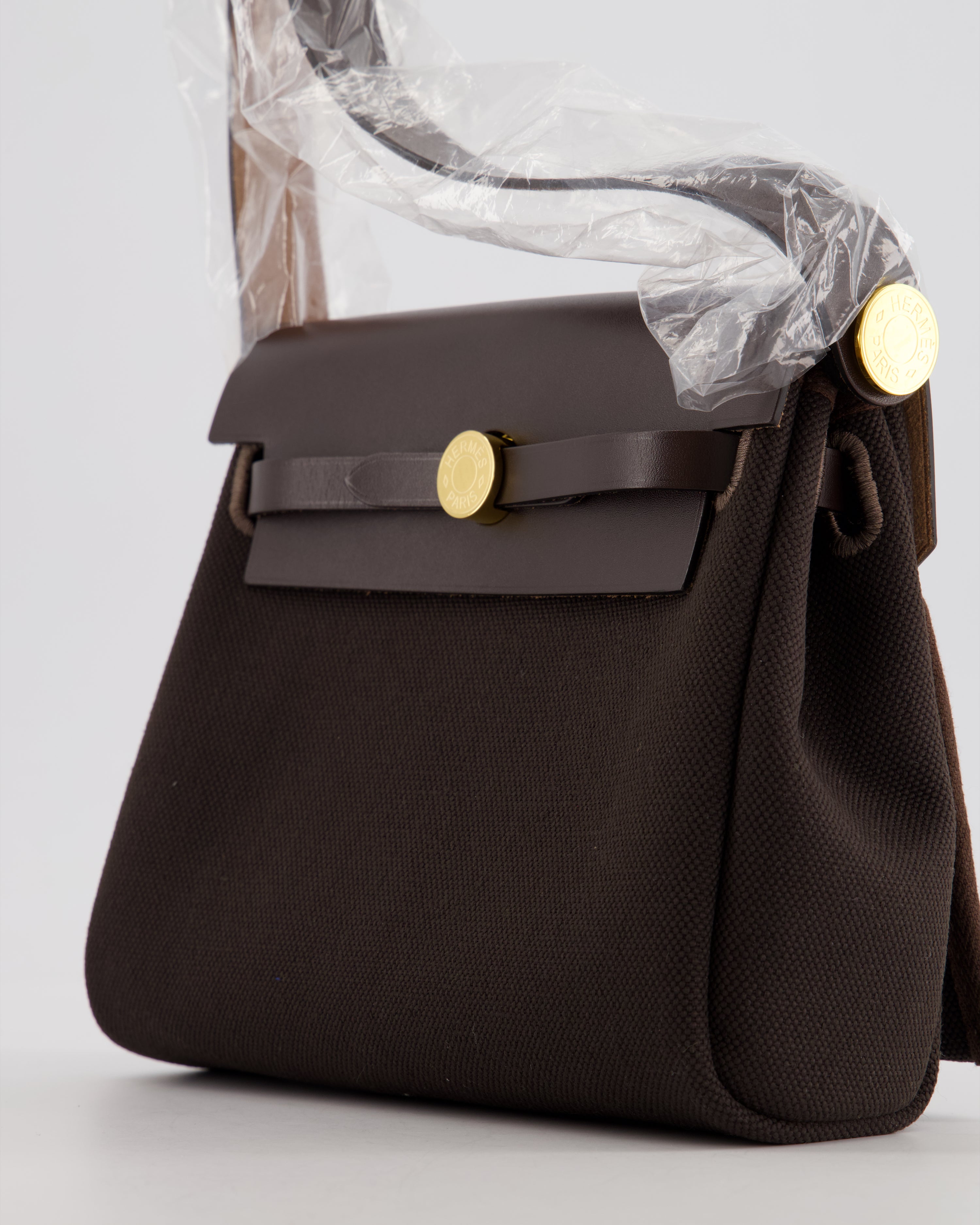 *Hot & RARE* Hermès Herbag Zip 20 Bag in Ebene Viking Canvas & Ebene Vache Hunter Leather with Gold Hardware