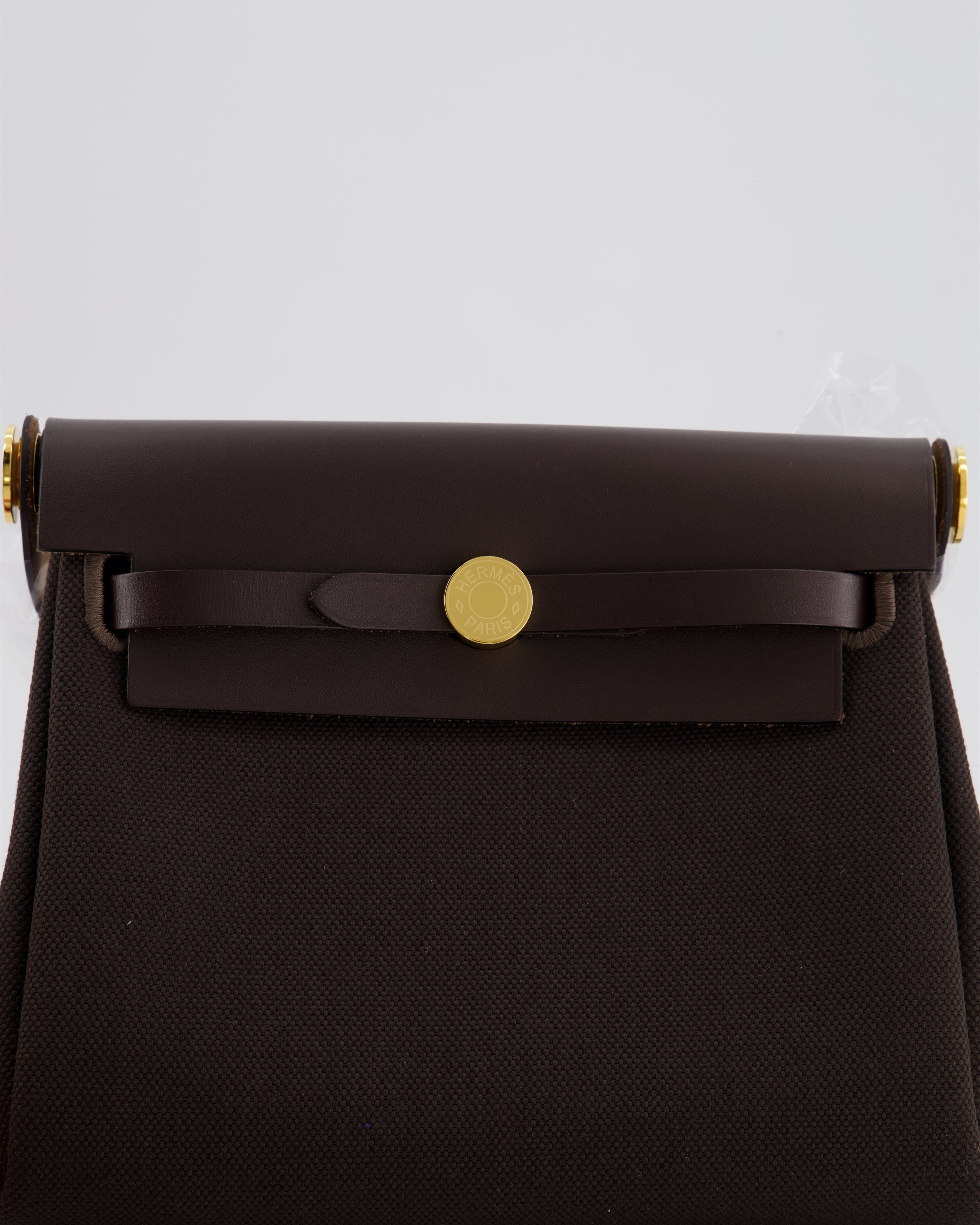 *Hot & RARE* Hermès Herbag Zip 20 Bag in Ebene Viking Canvas & Ebene Vache Hunter Leather with Gold Hardware