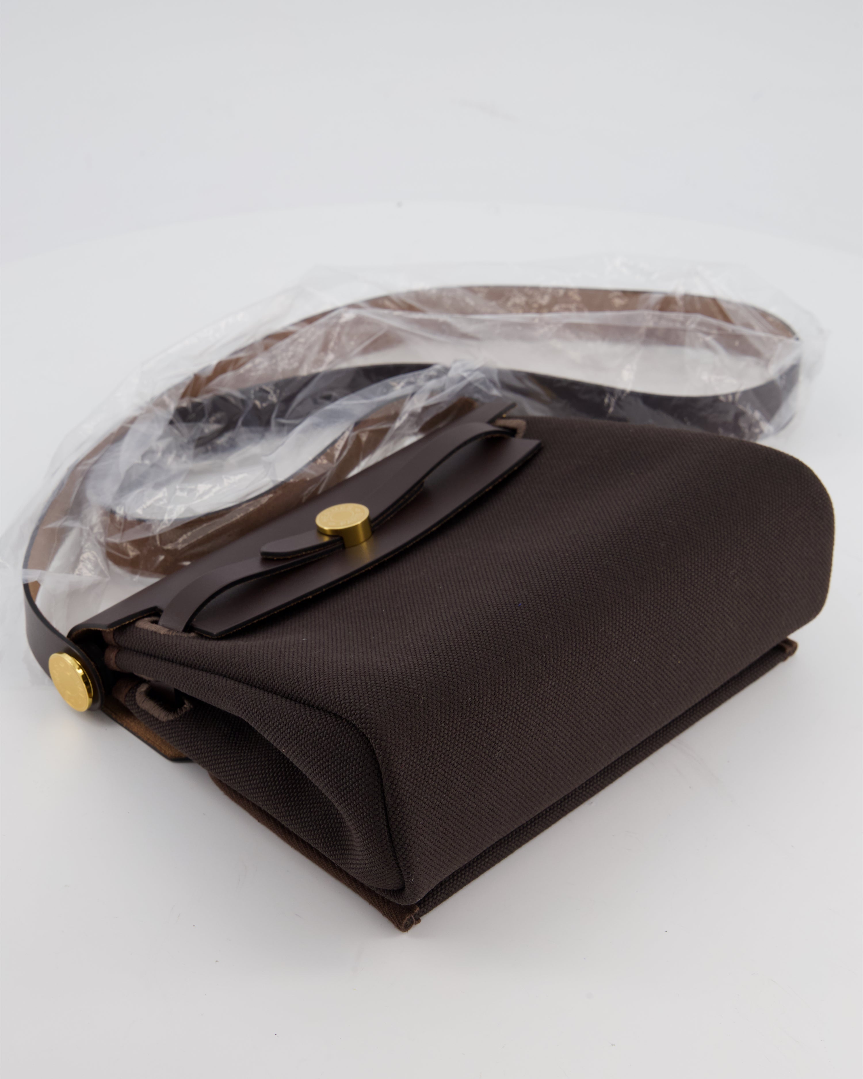 *Hot & RARE* Hermès Herbag Zip 20 Bag in Ebene Viking Canvas & Ebene Vache Hunter Leather with Gold Hardware