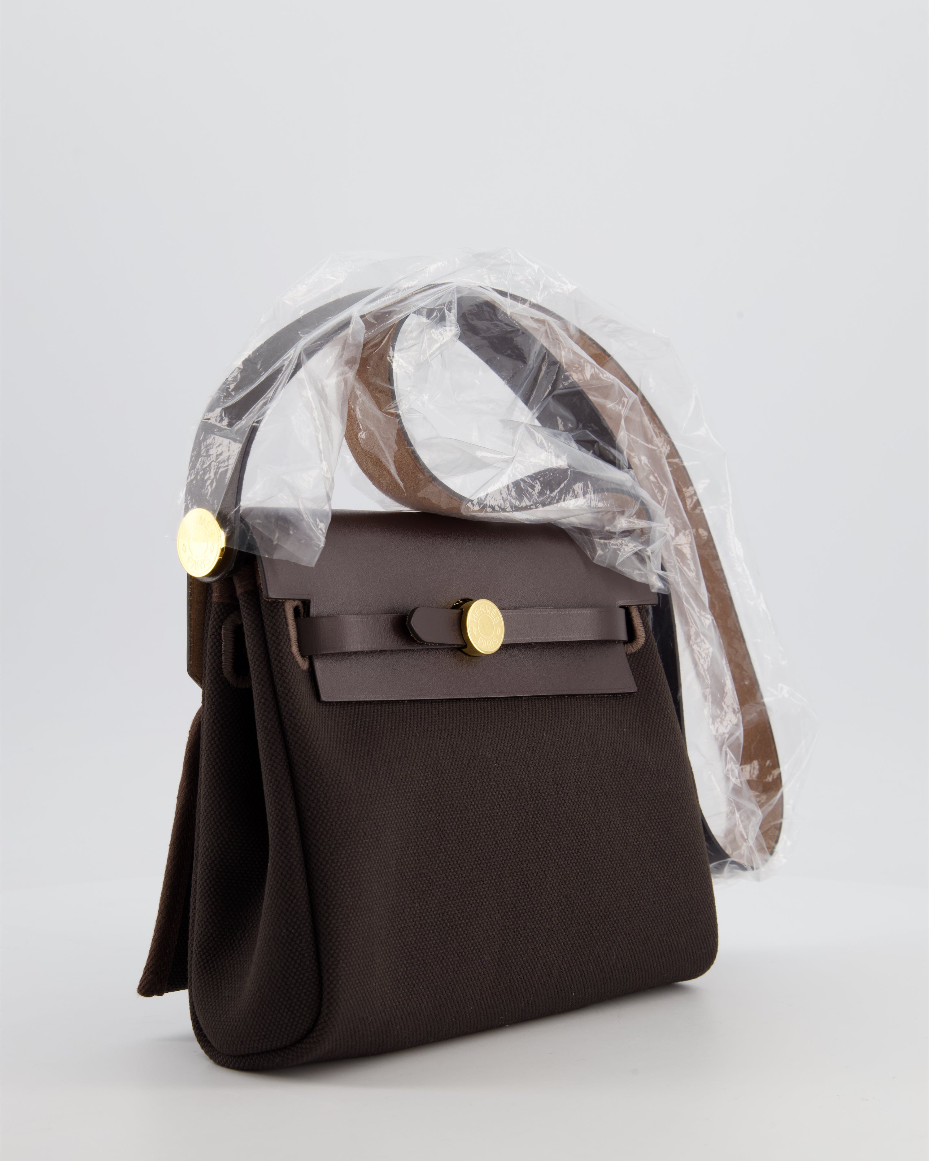 *Hot & RARE* Hermès Herbag Zip 20 Bag in Ebene Viking Canvas & Ebene Vache Hunter Leather with Gold Hardware