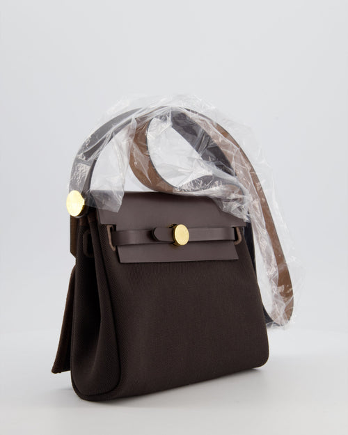 *Hot & RARE* Hermès Herbag Zip 20 Bag in Ebene Viking Canvas & Ebene Vache Hunter Leather with Gold Hardware