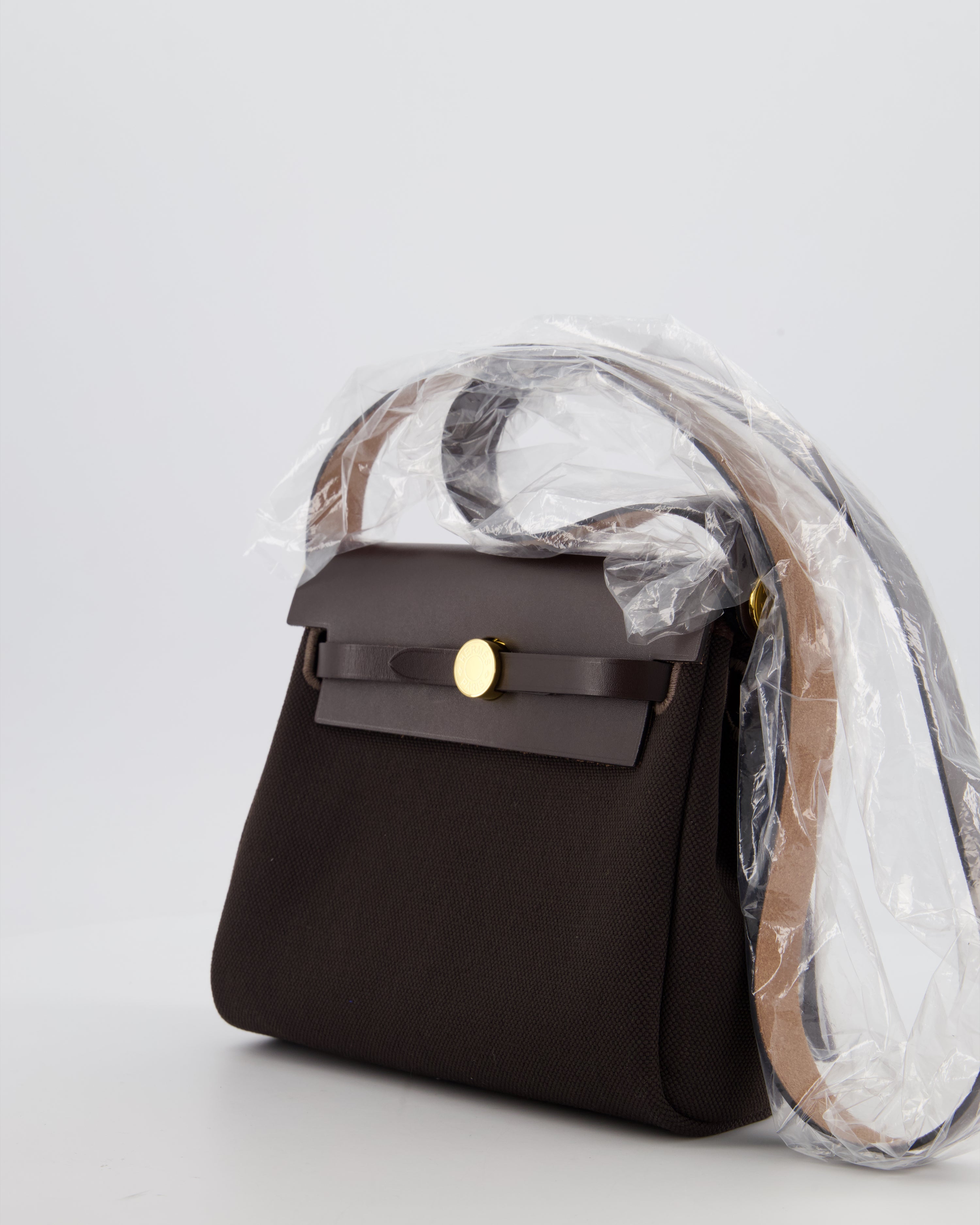 *Hot & RARE* Hermès Herbag Zip 20 Bag in Ebene Viking Canvas & Ebene Vache Hunter Leather with Gold Hardware