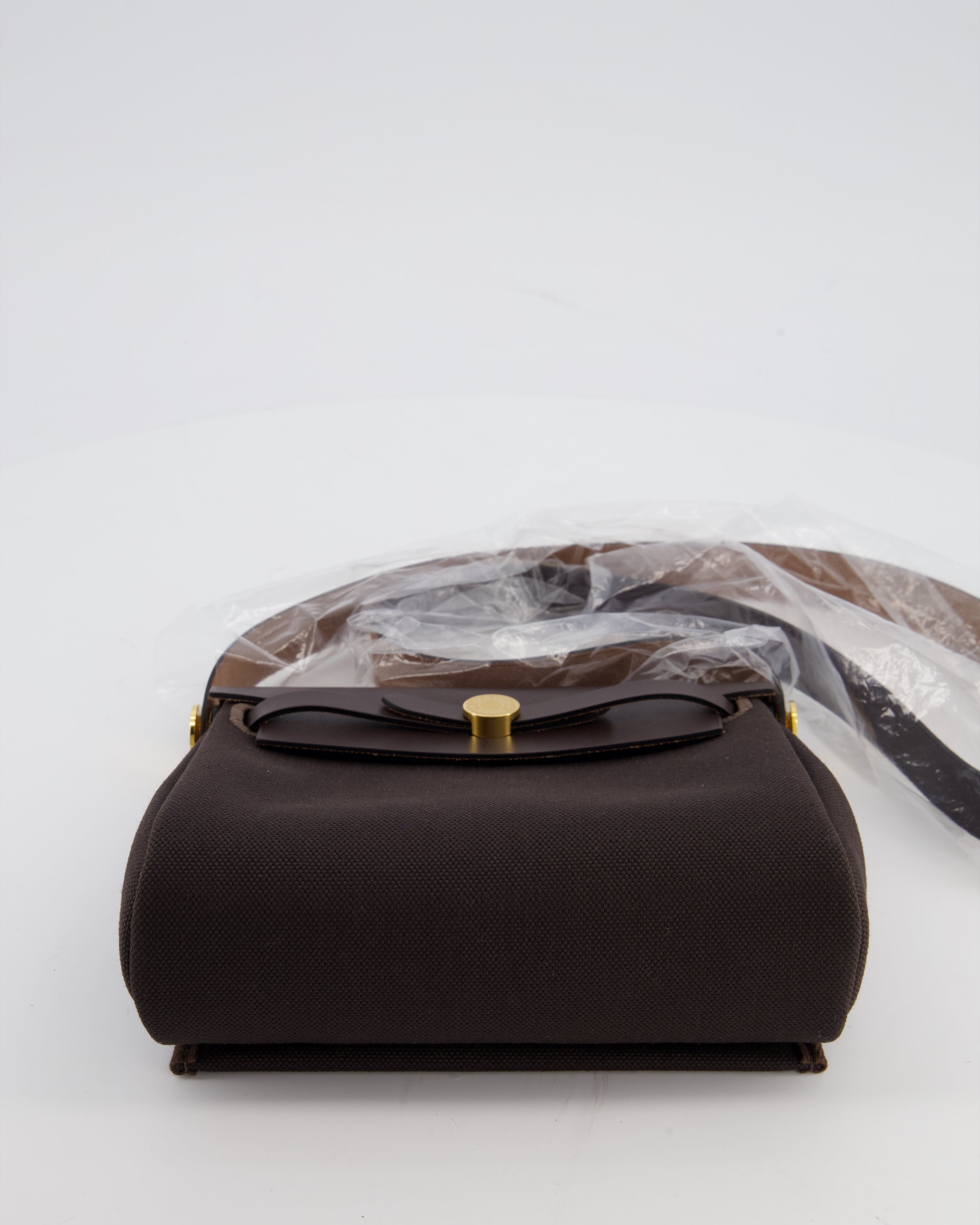 *Hot & RARE* Hermès Herbag Zip 20 Bag in Ebene Viking Canvas & Ebene Vache Hunter Leather with Gold Hardware
