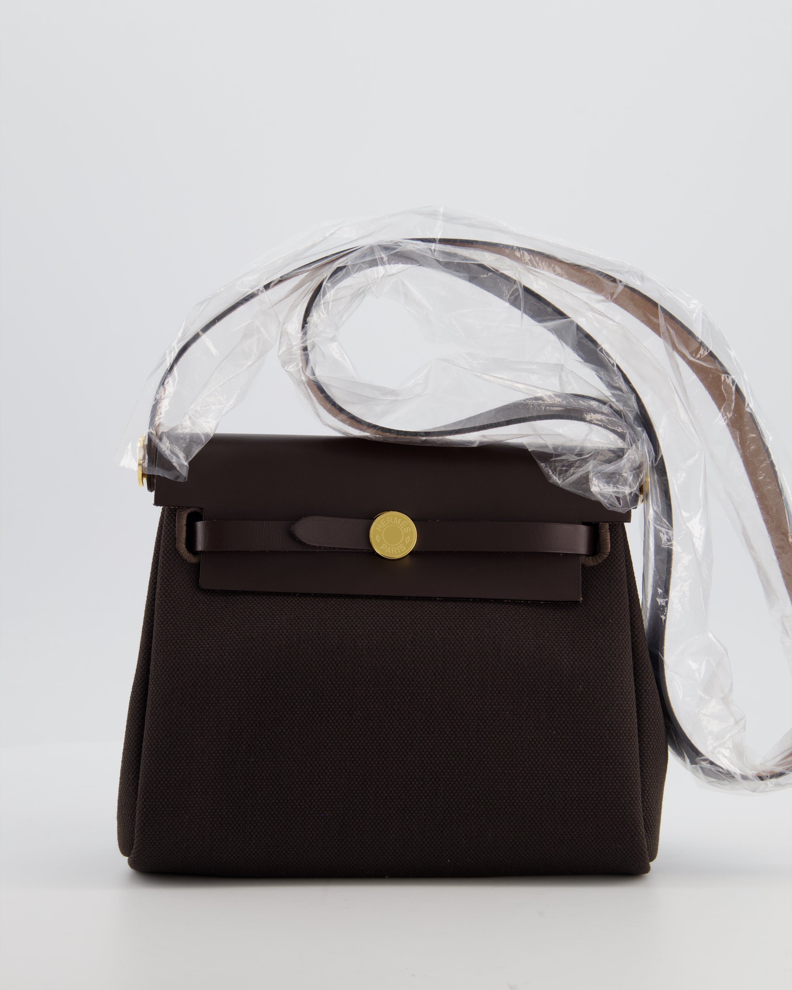 *Hot & RARE* Hermès Herbag Zip 20 Bag in Ebene Viking Canvas & Ebene Vache Hunter Leather with Gold Hardware