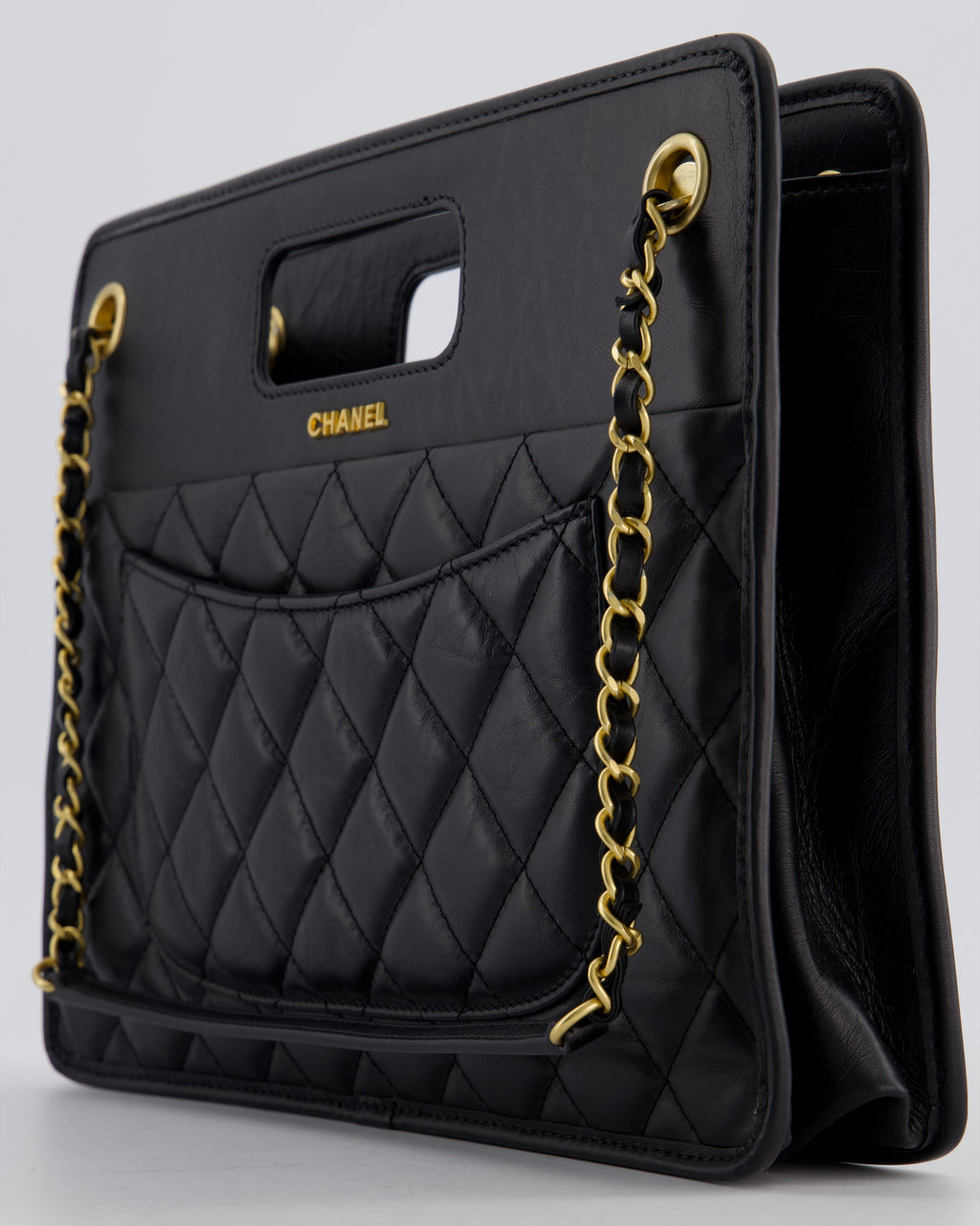Chanel Black Aged Calfskin Quilted Small Graphic Catch Shopping Bag with Gold Hardware