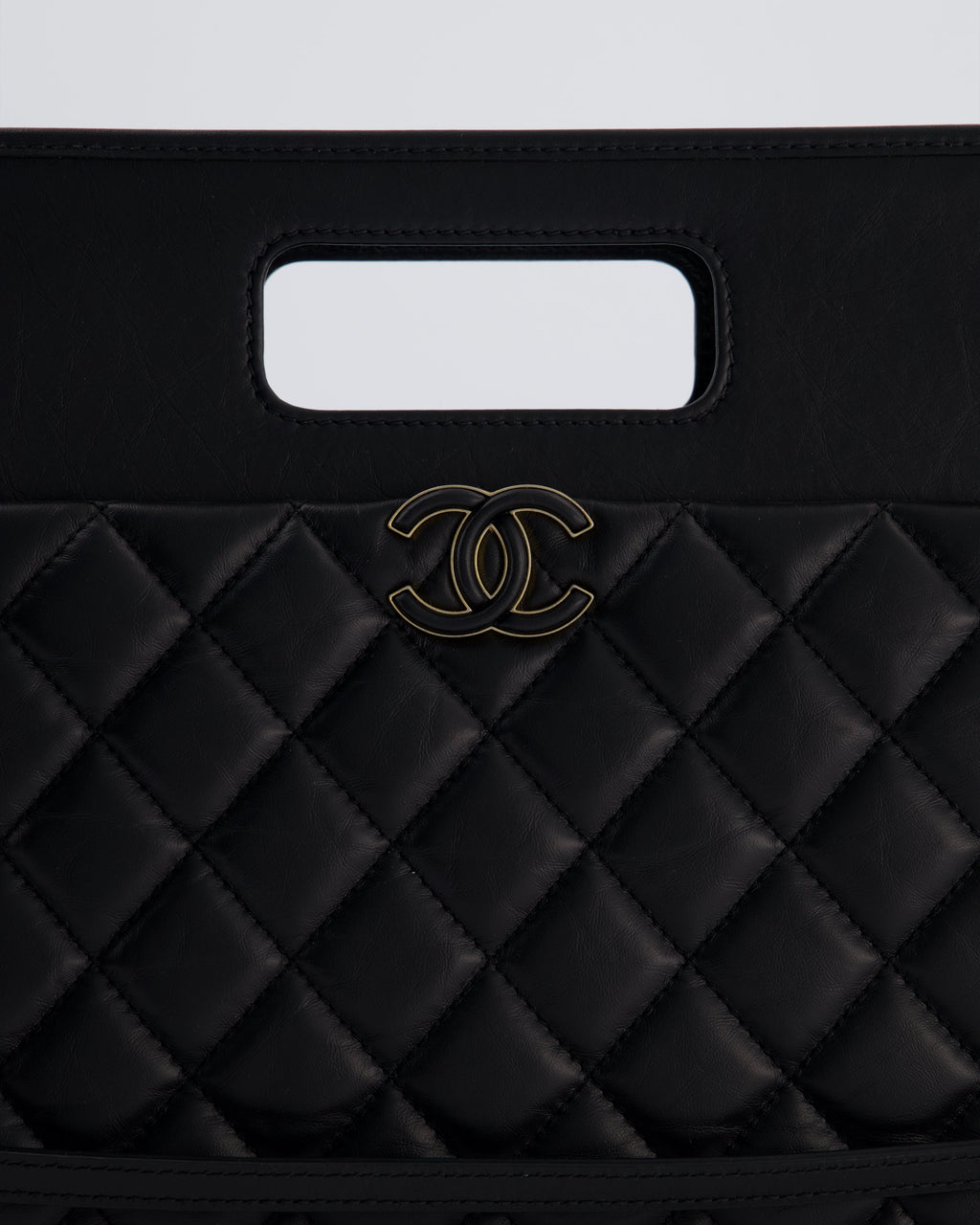 Chanel Black Aged Calfskin Quilted Small Graphic Catch Shopping Bag with Gold Hardware