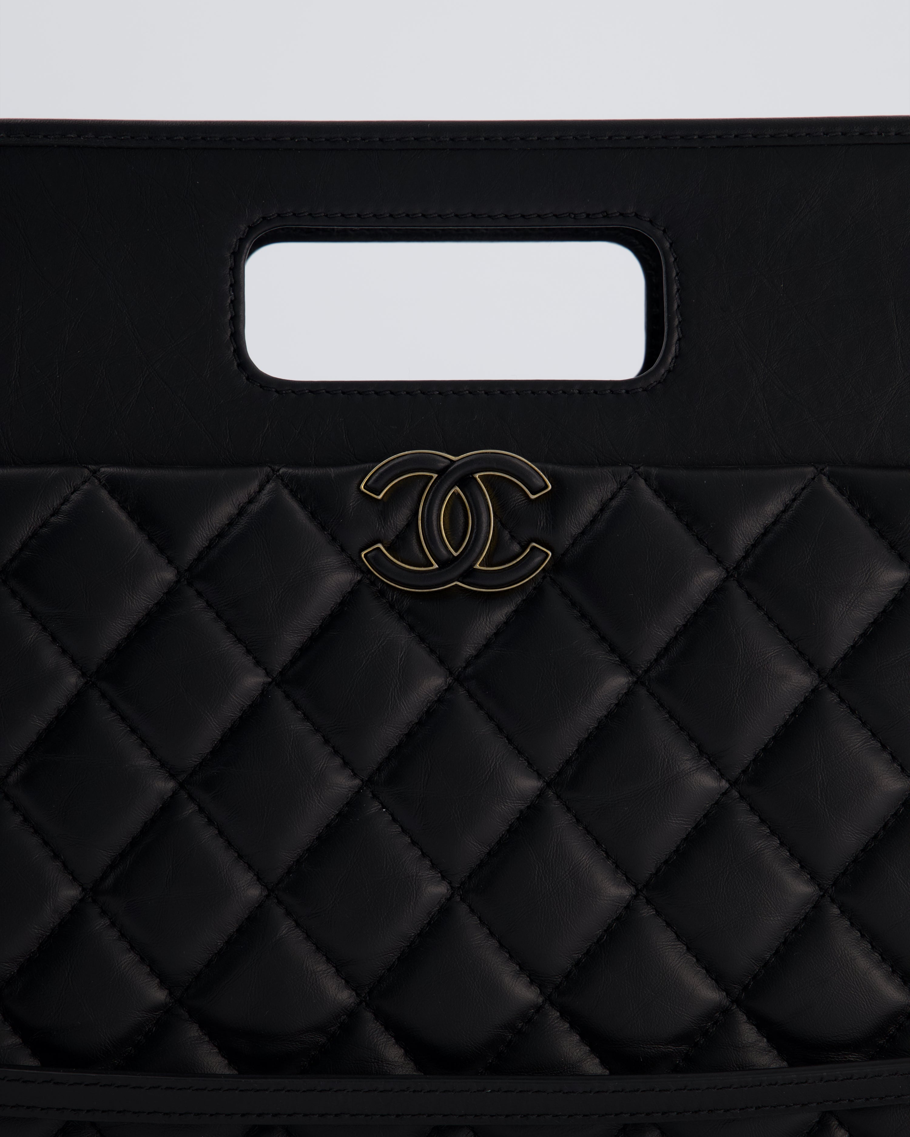 Chanel Black Aged Calfskin Quilted Small Graphic Catch Shopping Bag with Gold Hardware