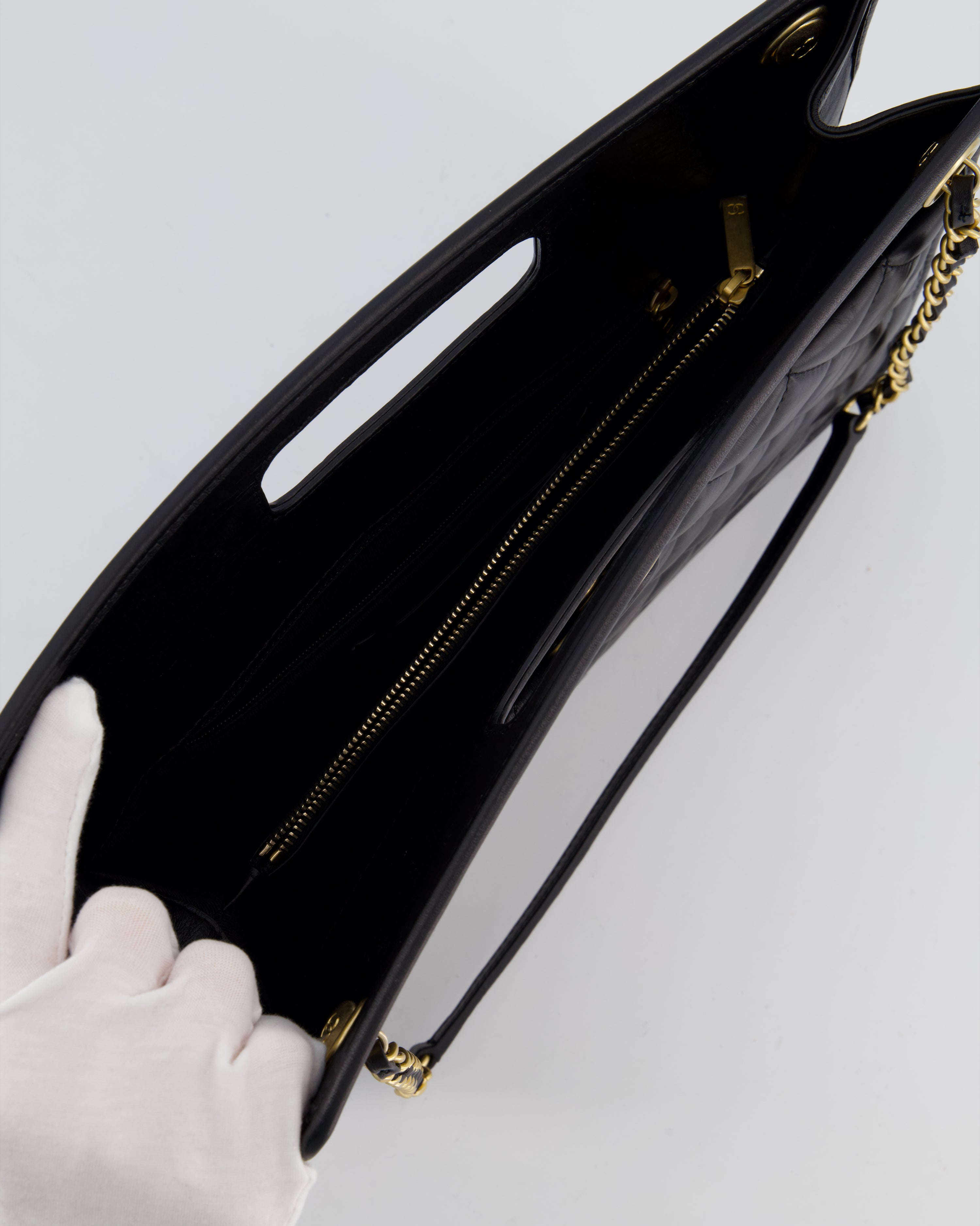 Chanel Black Aged Calfskin Quilted Small Graphic Catch Shopping Bag with Gold Hardware