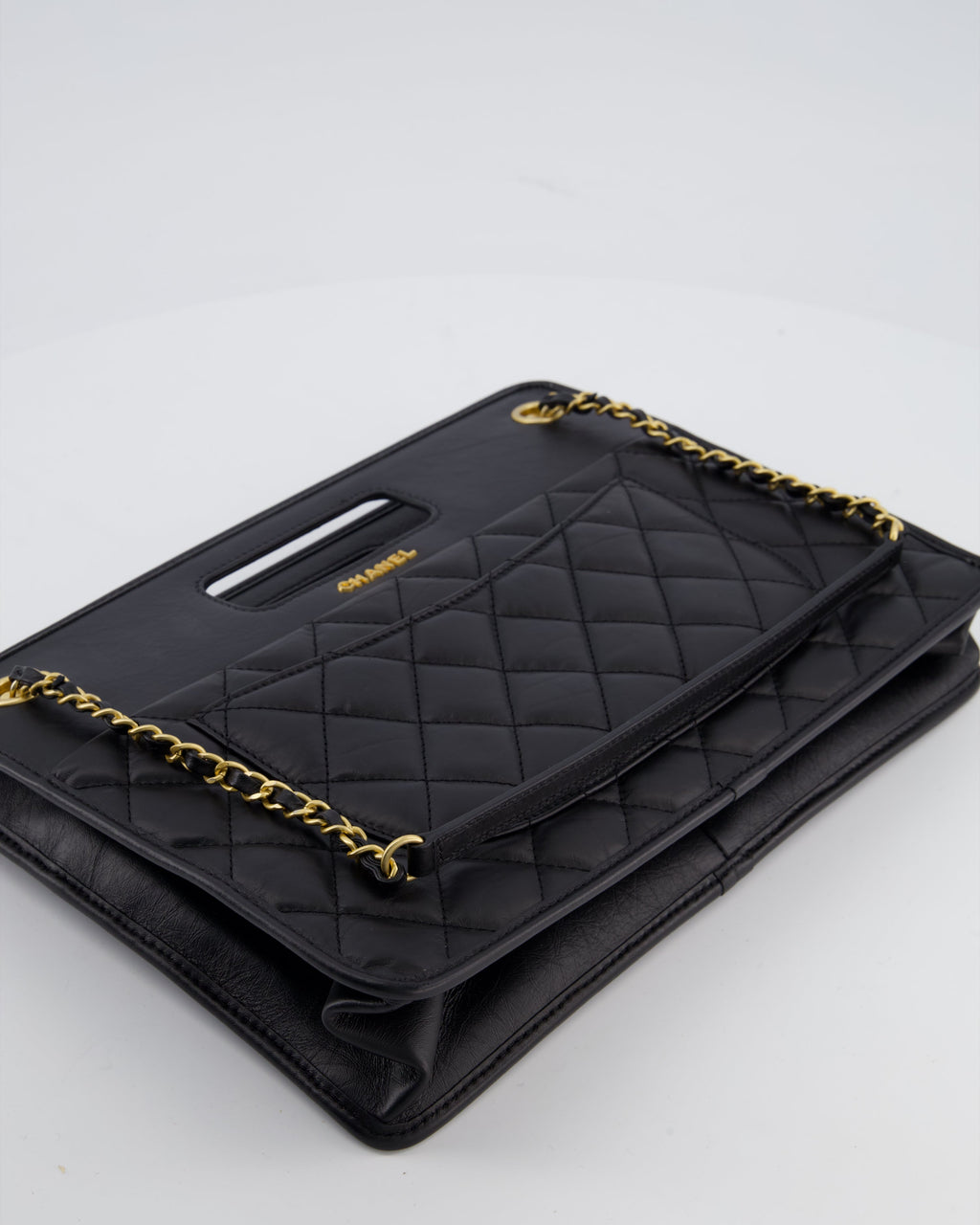 Chanel Black Aged Calfskin Quilted Small Graphic Catch Shopping Bag with Gold Hardware