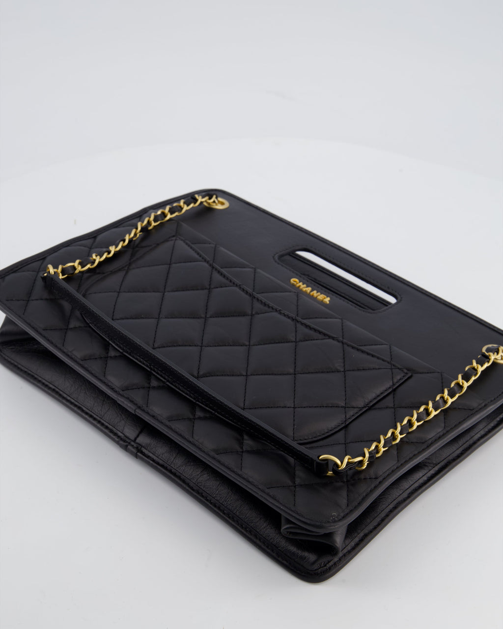 Chanel Black Aged Calfskin Quilted Small Graphic Catch Shopping Bag with Gold Hardware