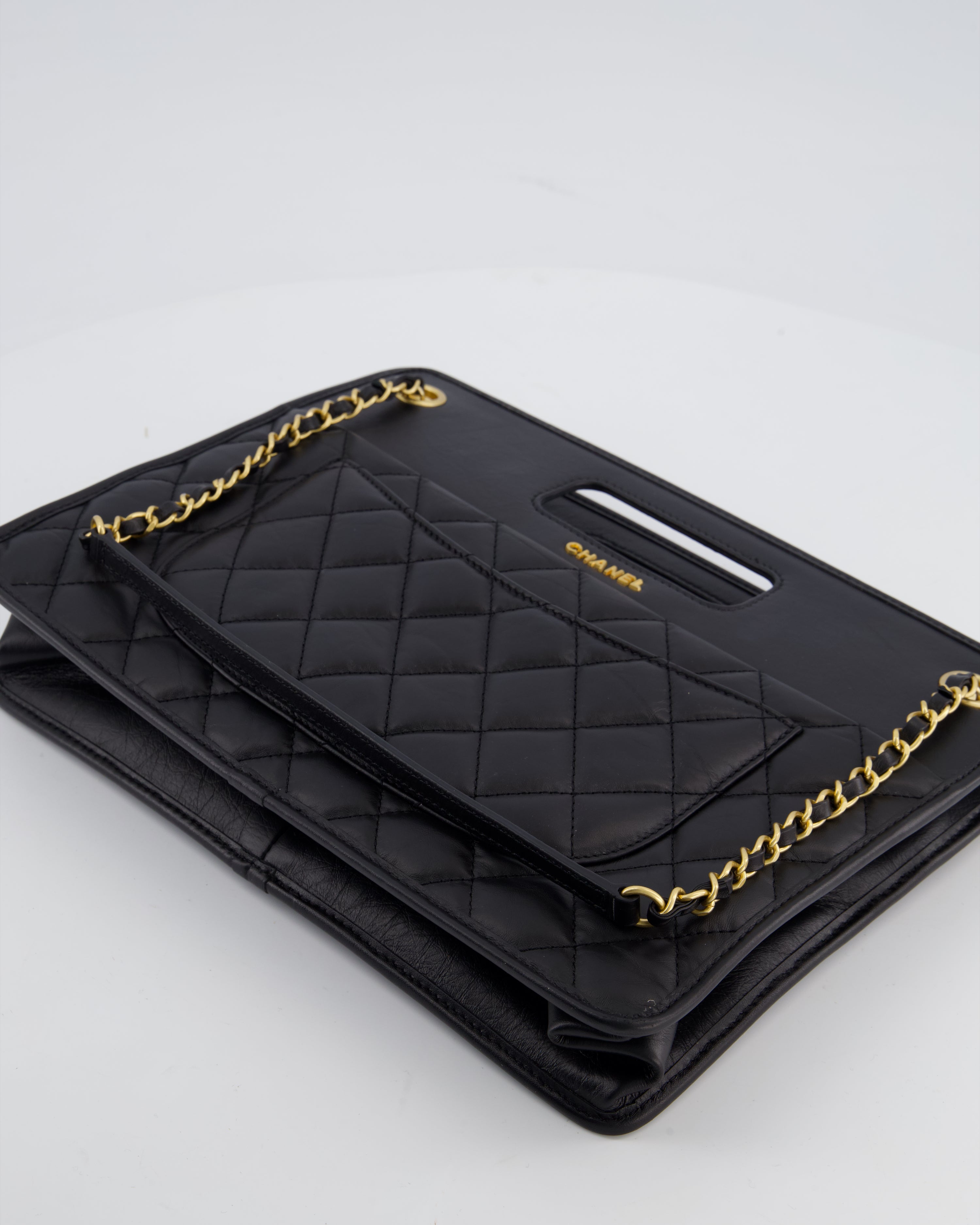 Chanel Black Aged Calfskin Quilted Small Graphic Catch Shopping Bag with Gold Hardware
