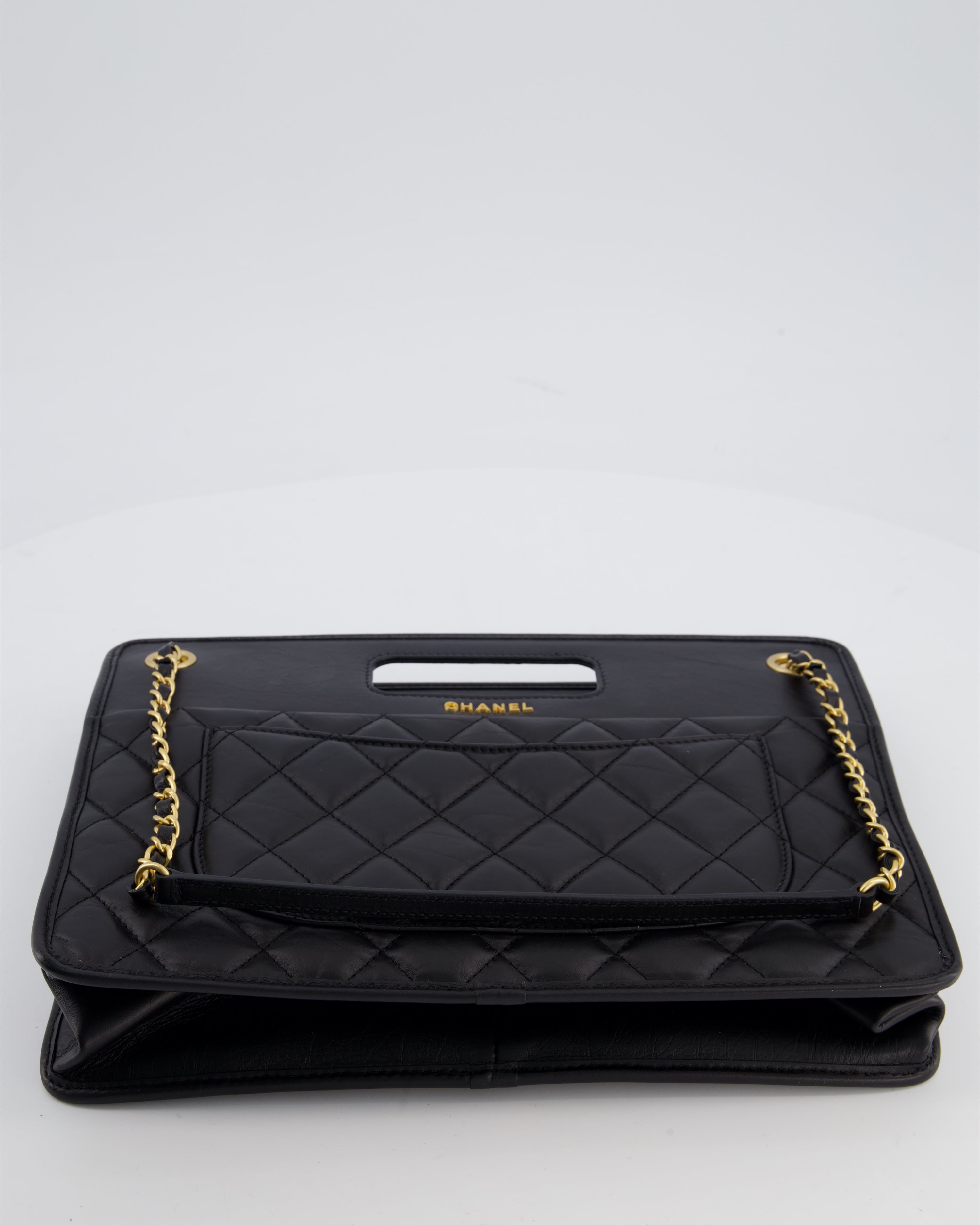 Chanel Black Aged Calfskin Quilted Small Graphic Catch Shopping Bag with Gold Hardware