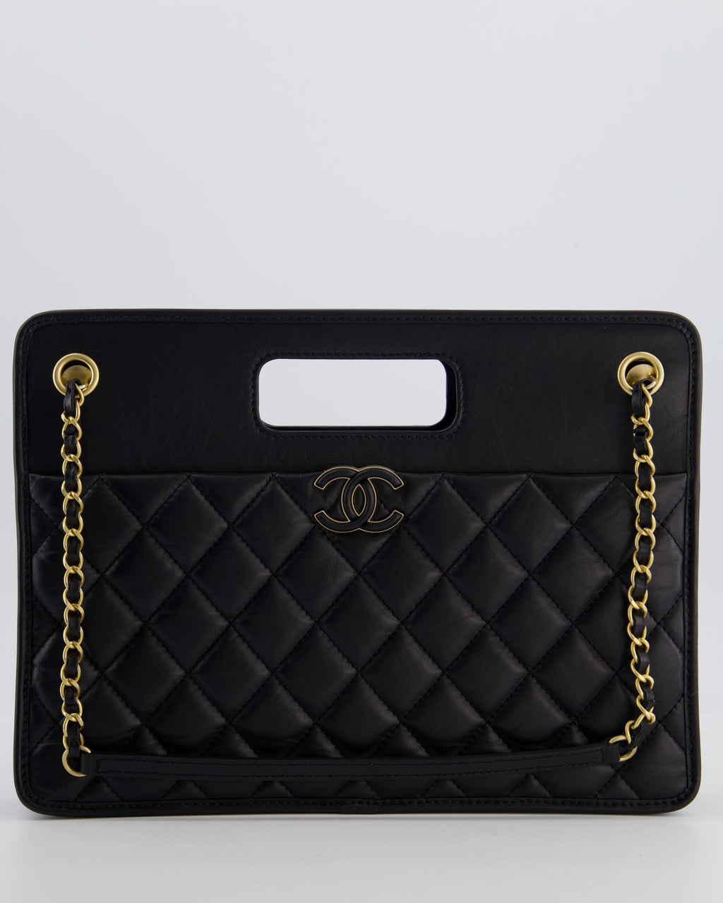 Chanel Black Aged Calfskin Quilted Small Graphic Catch Shopping Bag with Gold Hardware
