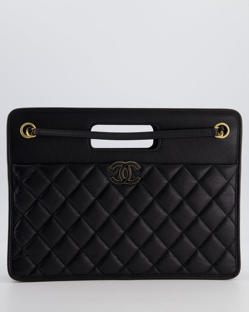Chanel Black Aged Calfskin Quilted Small Graphic Catch Shopping Bag with Gold Hardware