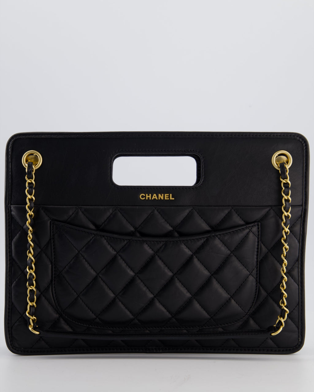 Chanel Black Aged Calfskin Quilted Small Graphic Catch Shopping Bag with Gold Hardware