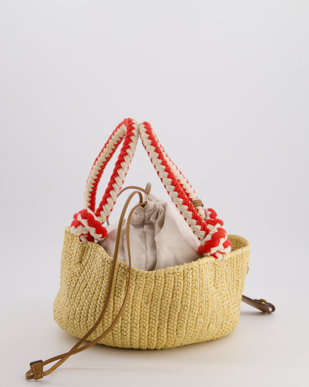 Prada Beige Small Crotchet Bag with Red & White Rope Handles & Tan Leather Charm Detail