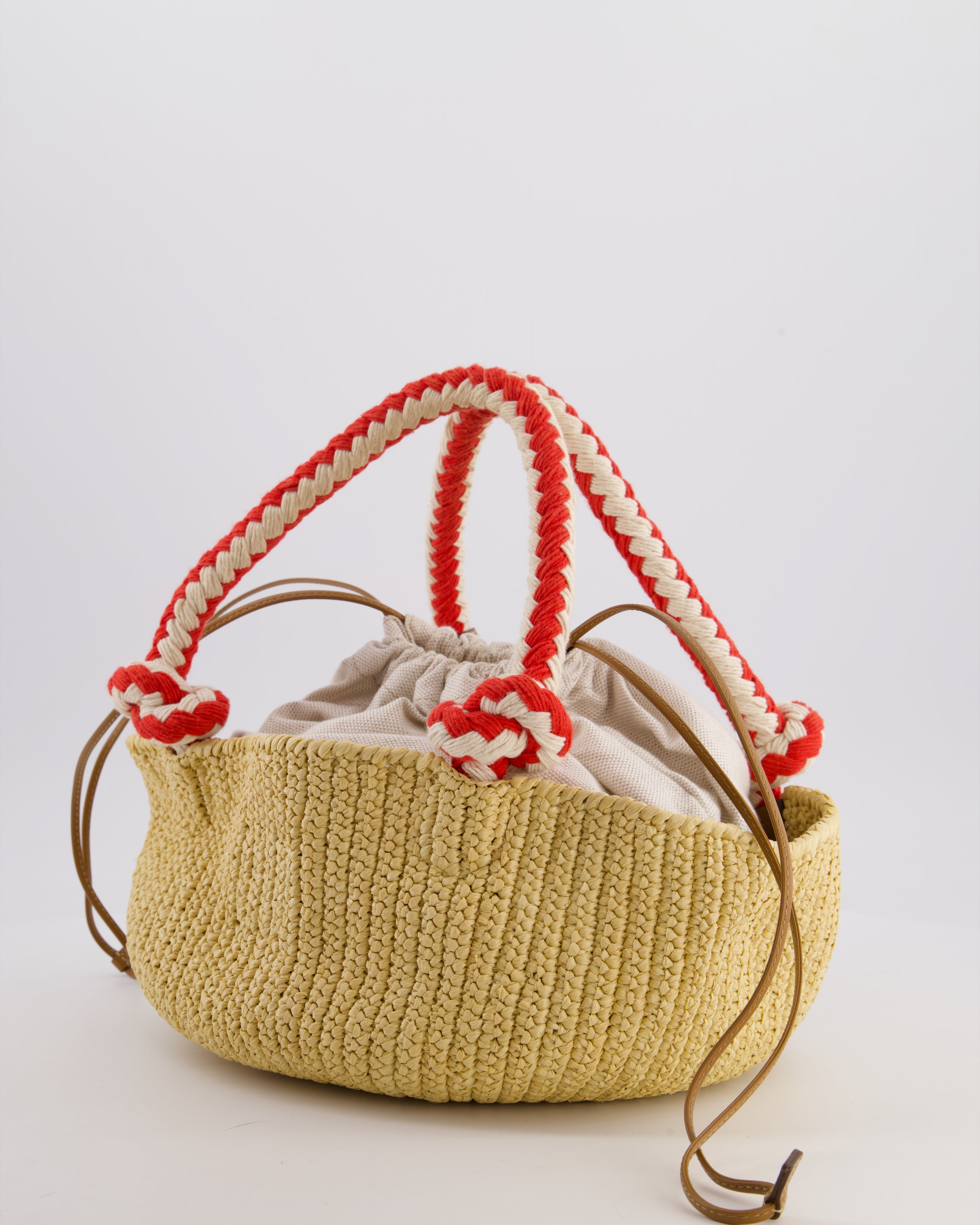 Prada Beige Small Crotchet Bag with Red & White Rope Handles & Tan Leather Charm Detail