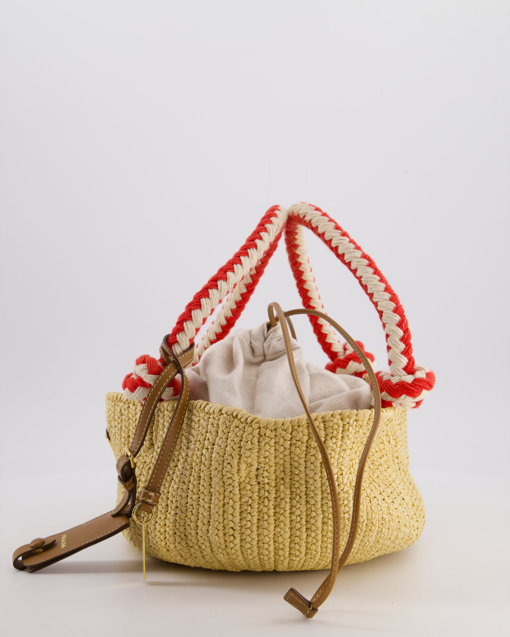 Prada Beige Small Crotchet Bag with Red & White Rope Handles & Tan Leather Charm Detail