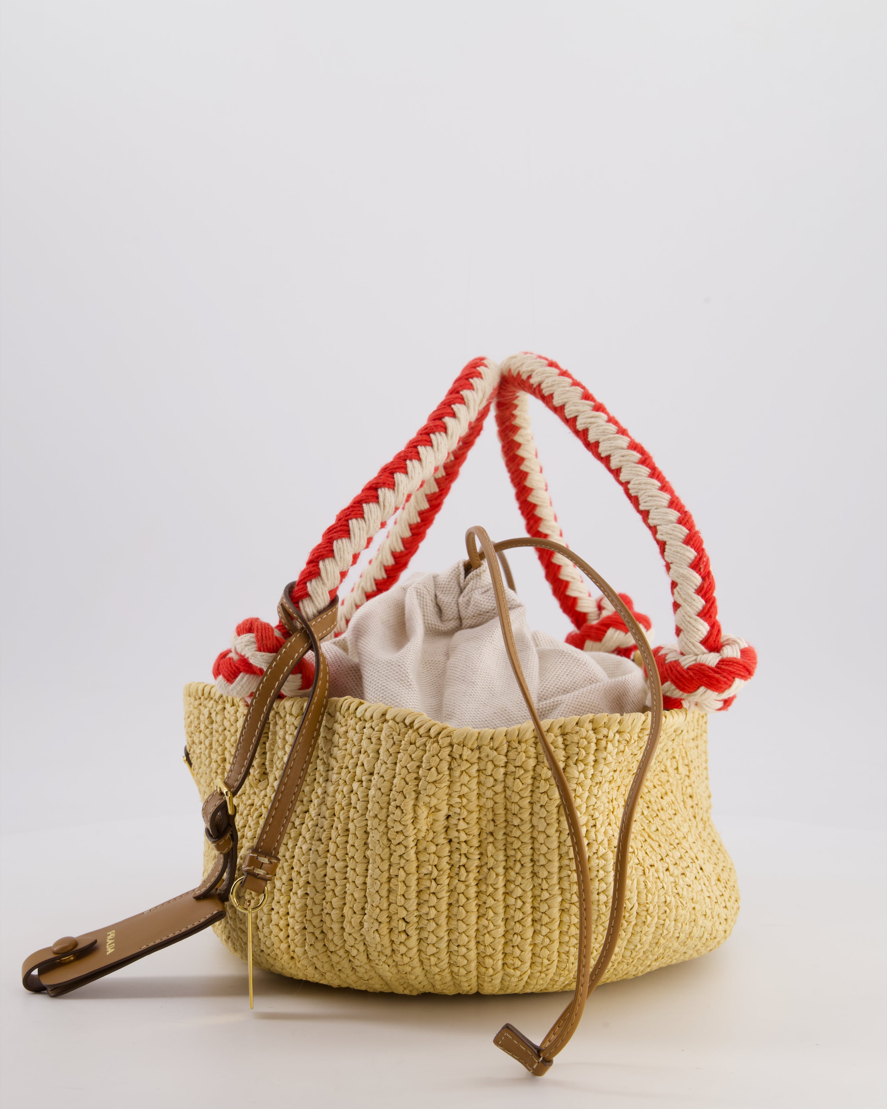Prada Beige Small Crotchet Bag with Red & White Rope Handles & Tan Leather Charm Detail