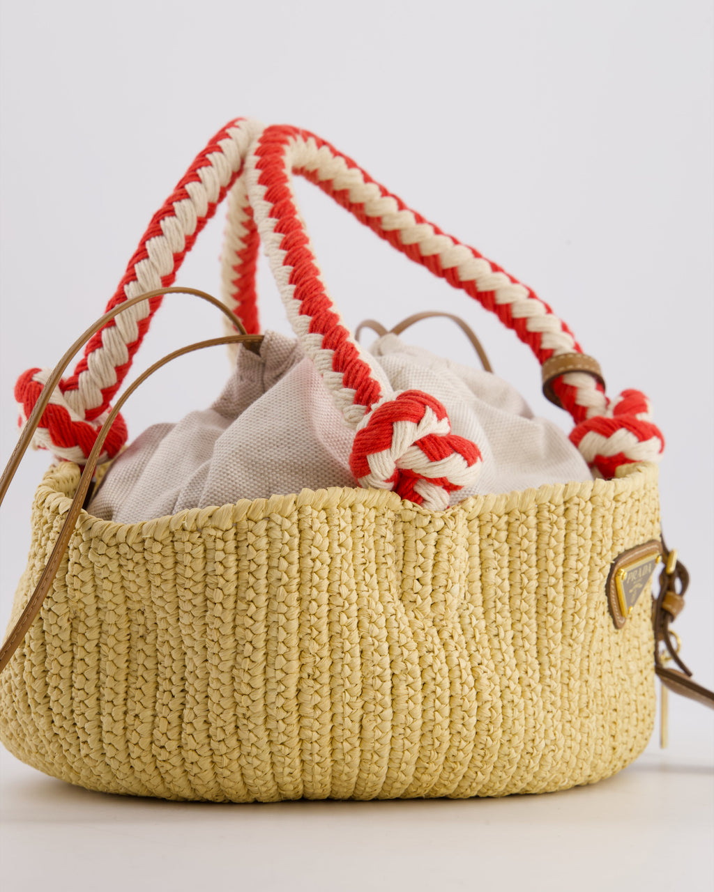 Prada Beige Small Crotchet Bag with Red & White Rope Handles & Tan Leather Charm Detail
