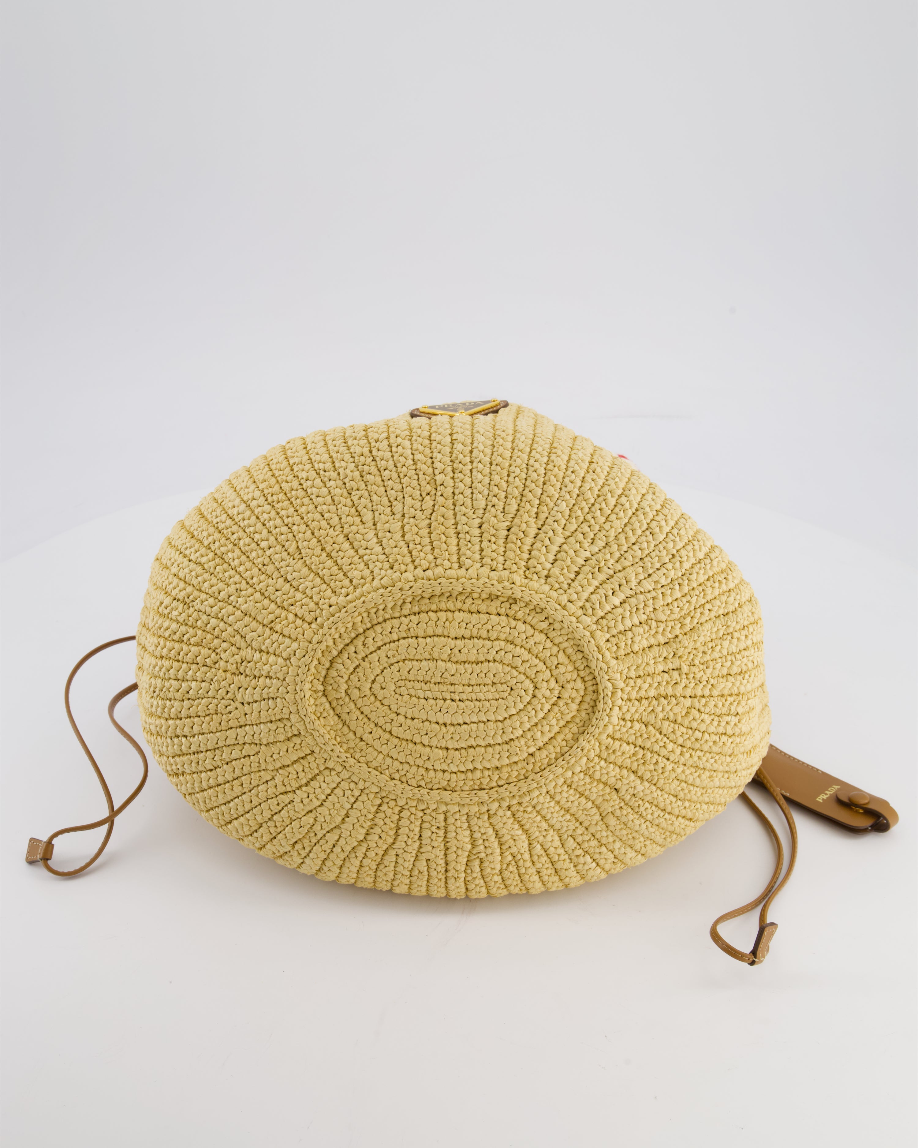 Prada Beige Small Crotchet Bag with Red & White Rope Handles & Tan Leather Charm Detail