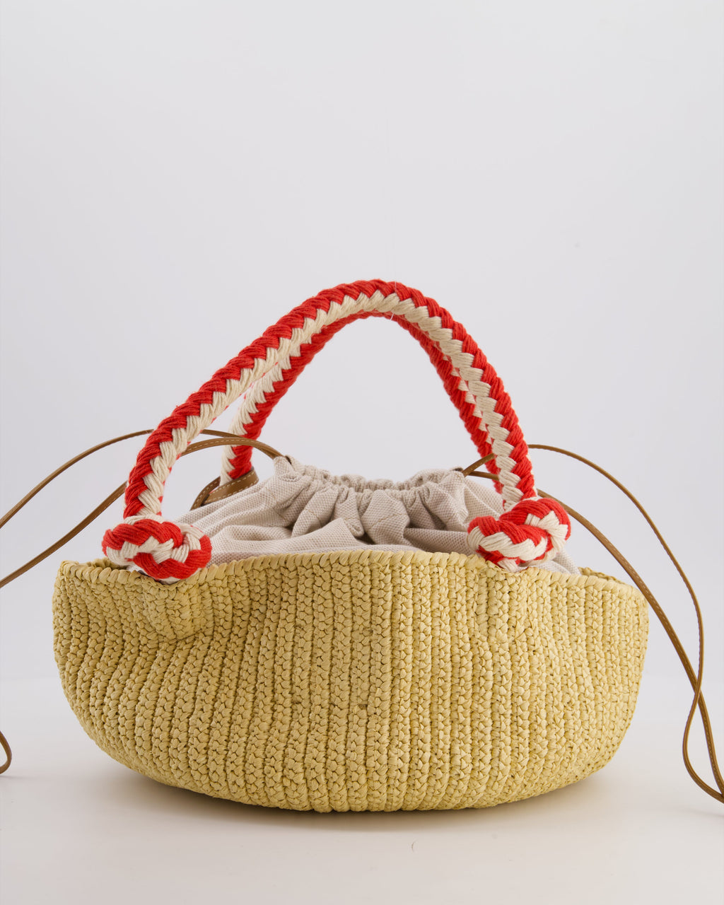 Prada Beige Small Crotchet Bag with Red & White Rope Handles & Tan Leather Charm Detail