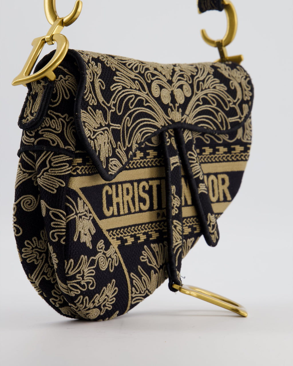 Christian Dior Blue and Beige Ornamental Embroidery Saddle Bag with Antique Gold Hardware