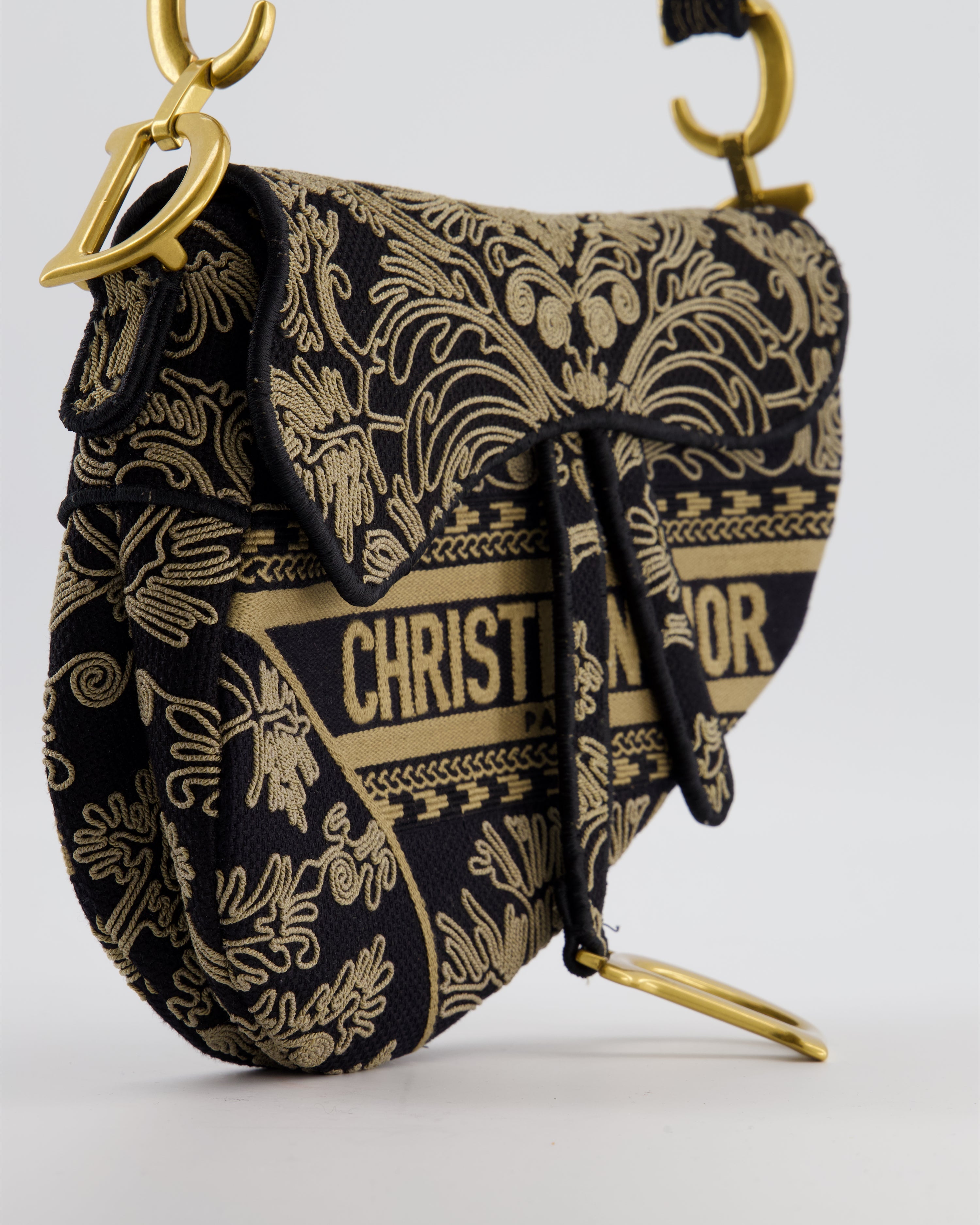 Christian Dior Blue and Beige Ornamental Embroidery Saddle Bag with Antique Gold Hardware