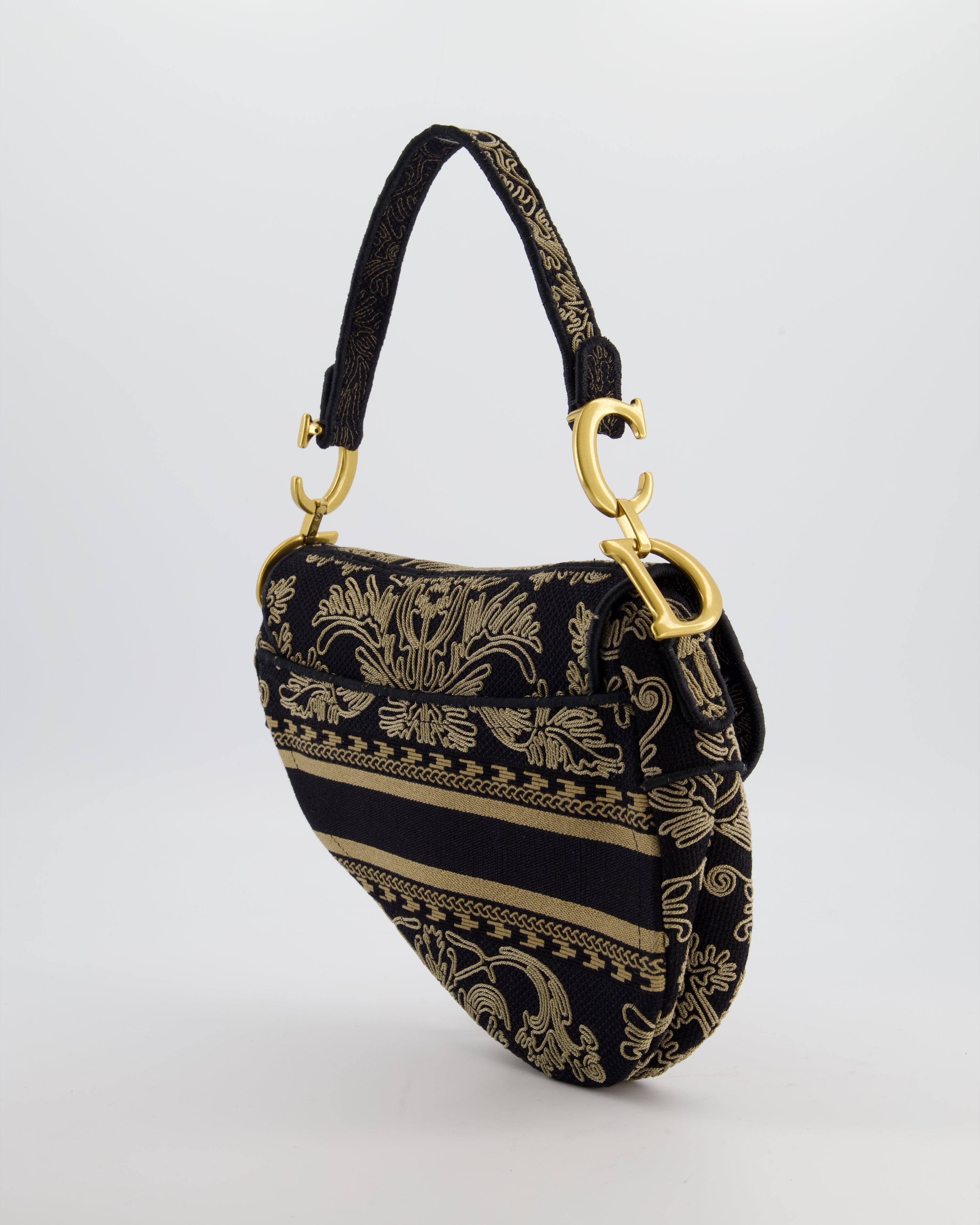 Christian Dior Blue and Beige Ornamental Embroidery Saddle Bag with Antique Gold Hardware