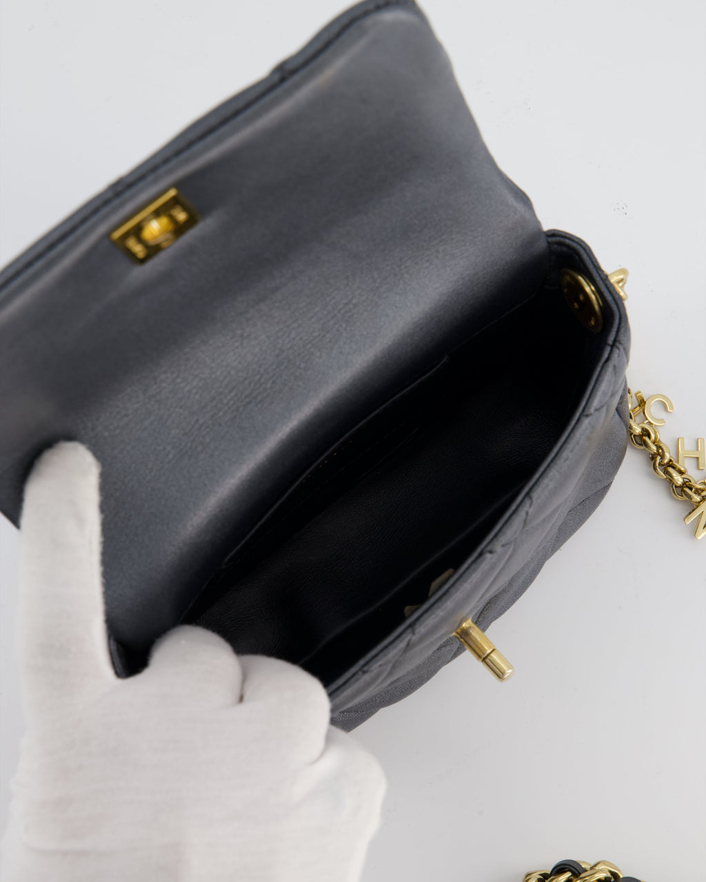 Chanel Dark Metallic Silver Small Flap Bag in Lambskin Leather with Gold Hardware and Chanel Charm Chain