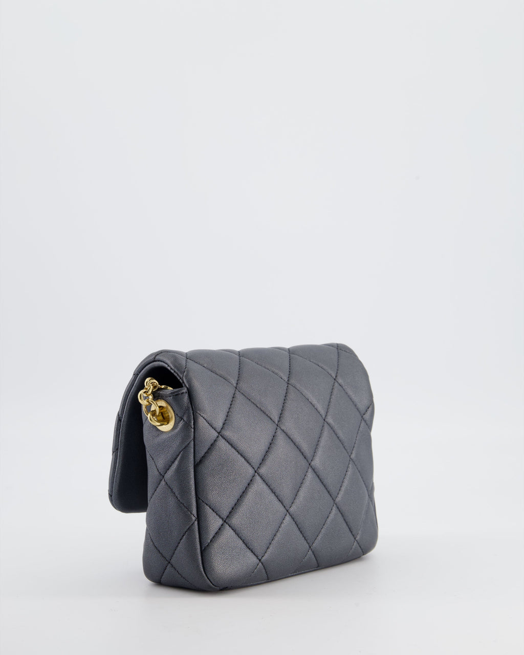 Chanel Dark Metallic Silver Small Flap Bag in Lambskin Leather with Gold Hardware and Chanel Charm Chain