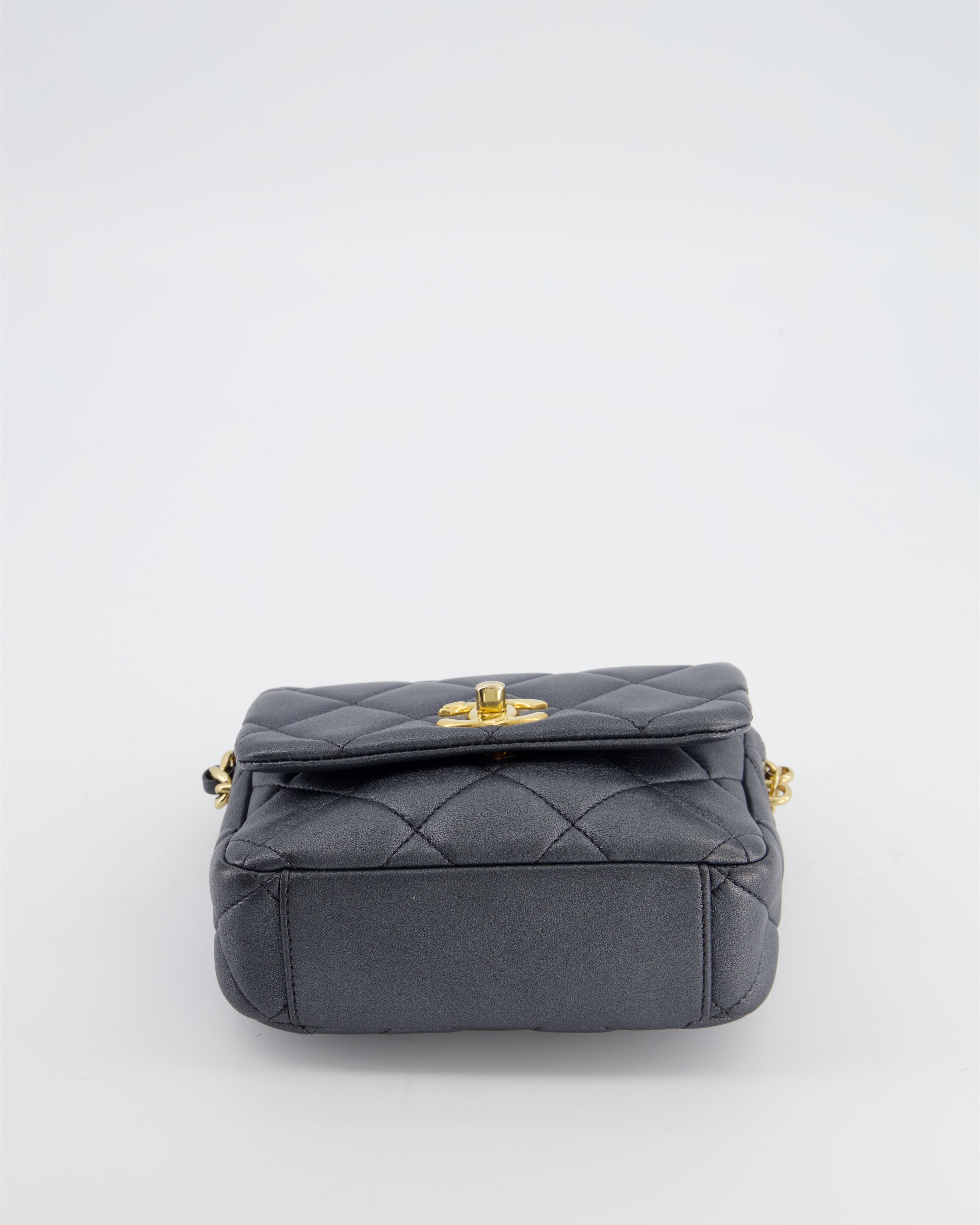 Chanel Dark Metallic Silver Small Flap Bag in Lambskin Leather with Gold Hardware and Chanel Charm Chain