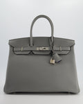 Hermès Birkin 35 Verso Retourne Bag in Gris Mouette Togo Leather and Blue Agate with Palladium Hardware
