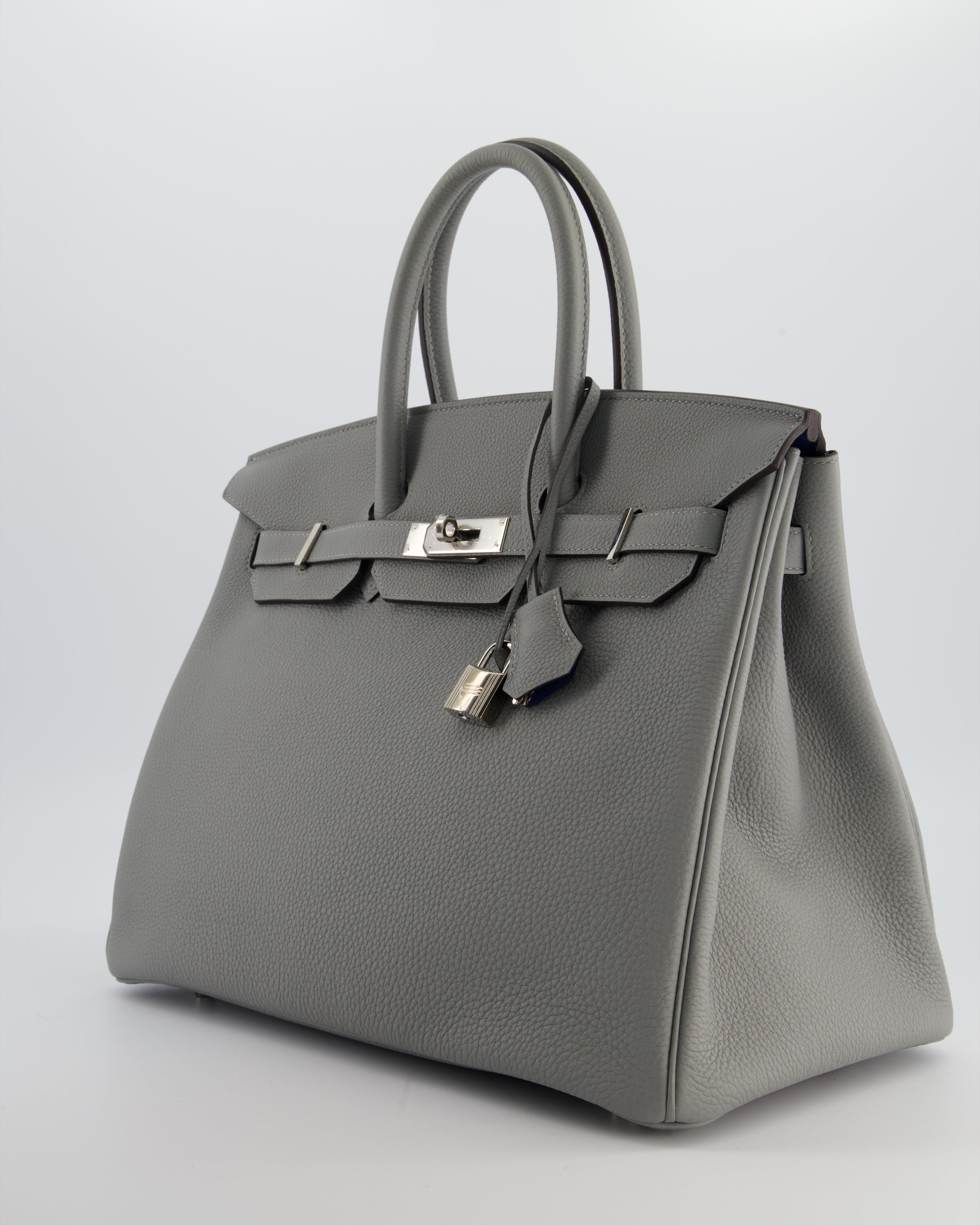 Hermès Birkin 35 Verso Retourne Bag in Gris Mouette Togo Leather and Blue Agate with Palladium Hardware
